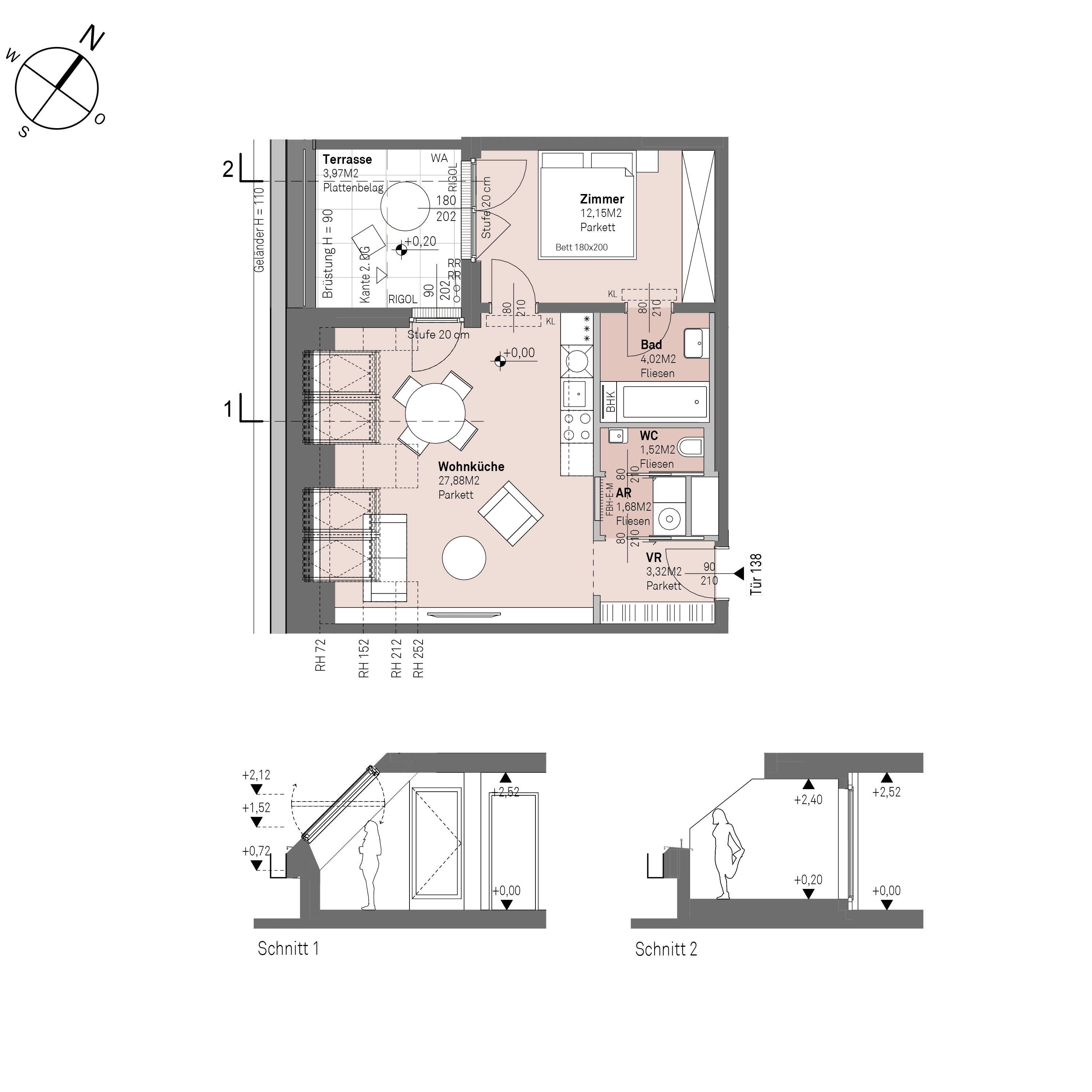 Grundriss Top 2/138 — Traisengasse 20–22 — 2 Zimmer — 50,6 m² — 1st attic floor — S/W