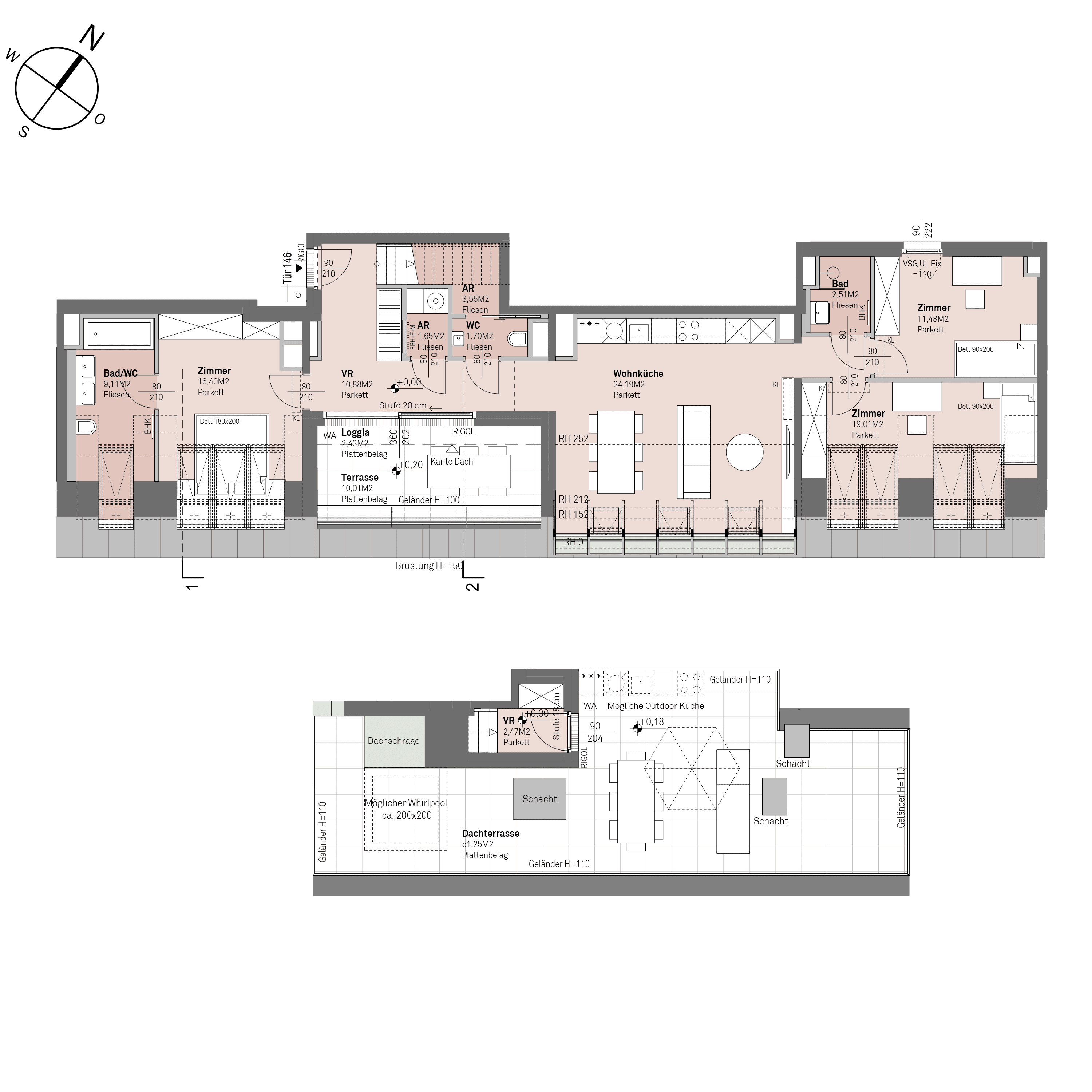 Grundriss Top 2/146 — Traisengasse 20–22 — 4 Zimmer — 113 m² — 2nd attic floor — O/S
