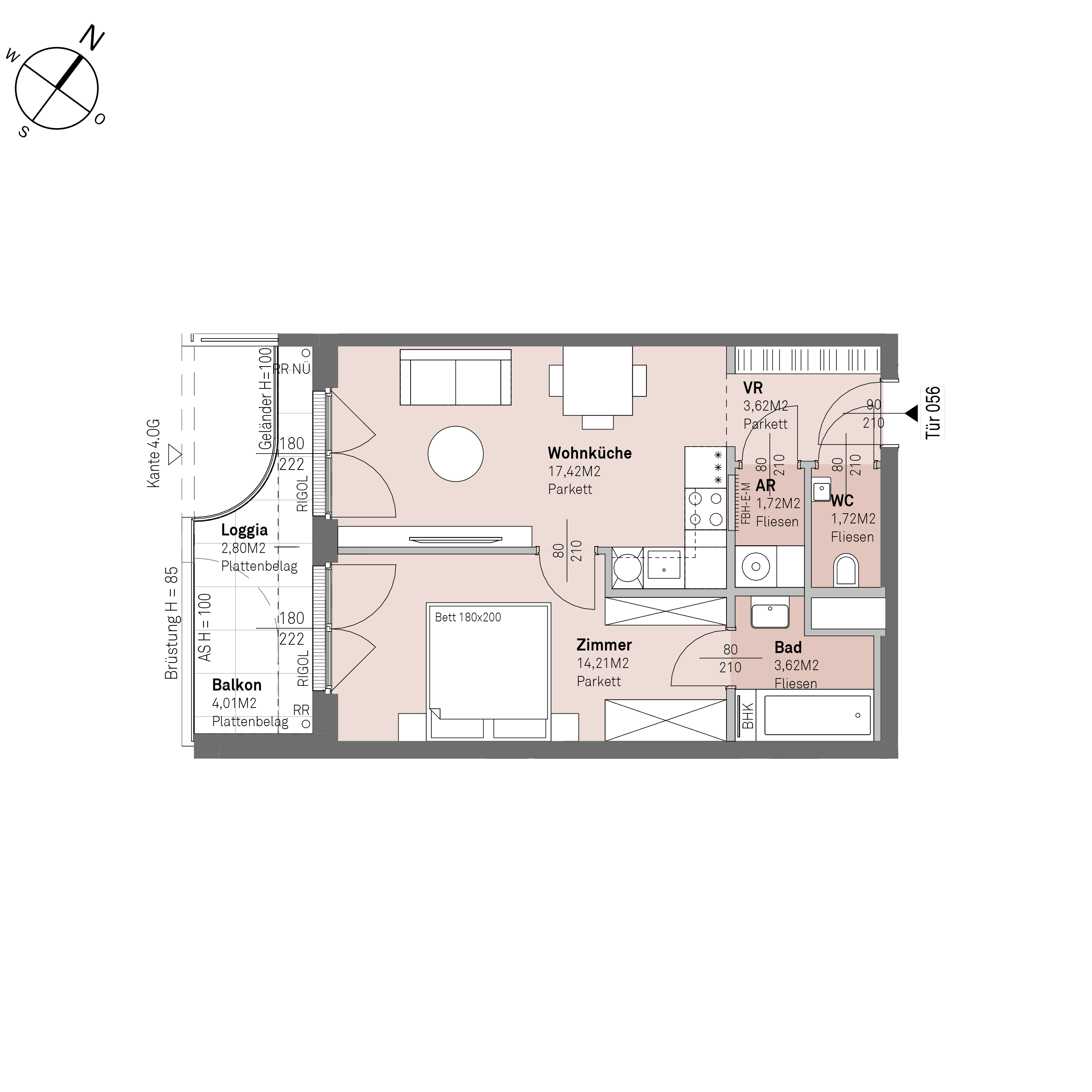 Grundriss Top 2/56 — Traisengasse 20–22 — 2 Zimmer — 42,3 m² — 3rd floor — S/W