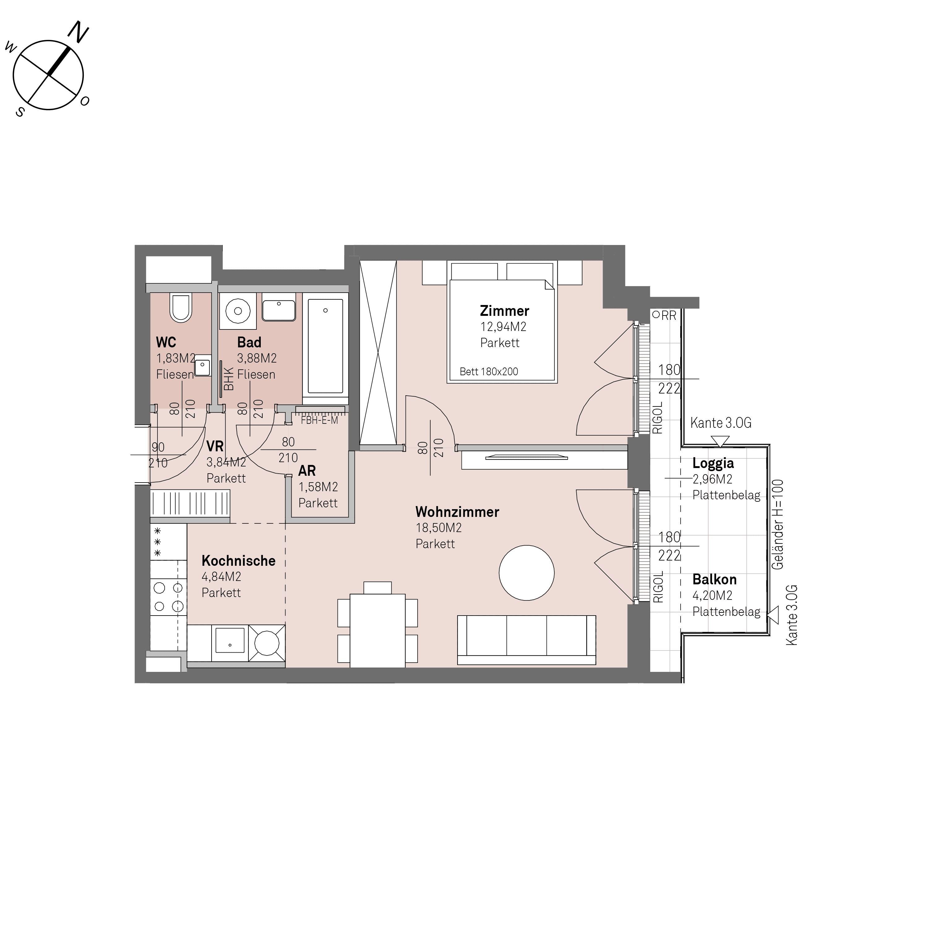 Grundriss Top 2/38 — Traisengasse 20–22 — 2 Zimmer — 47,4 m² — 2nd floor — N/O