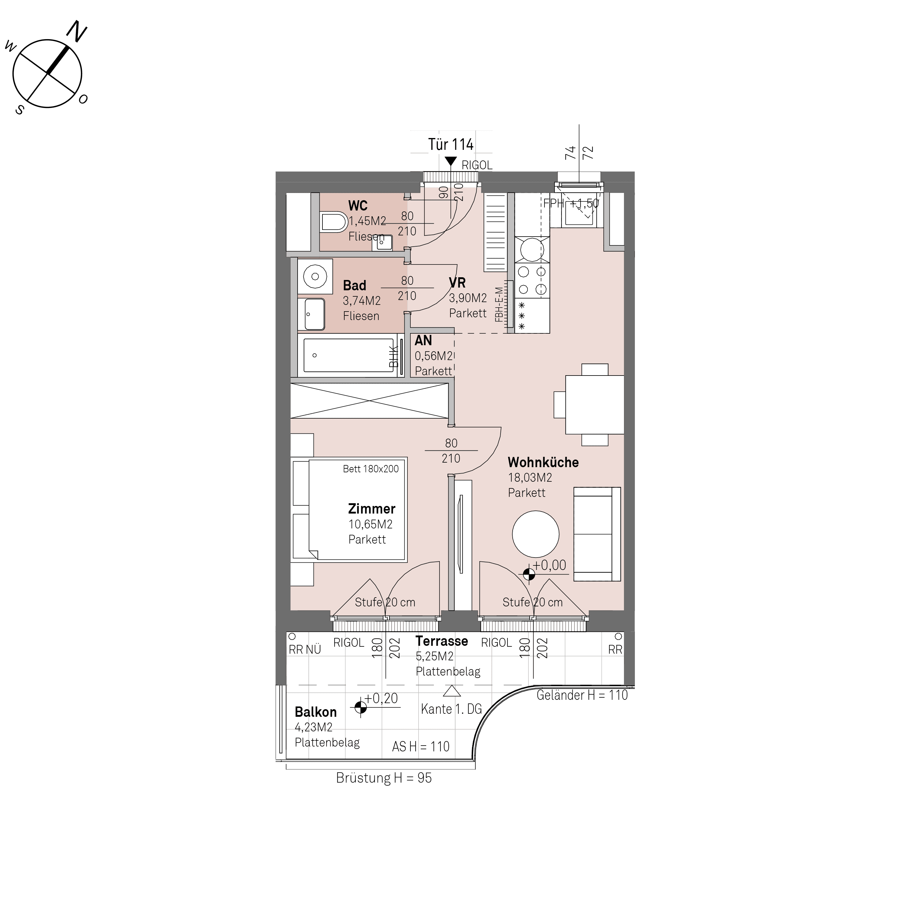 Grundriss Top 2/114 — Traisengasse 20–22 — 2 Zimmer — 38,3 m² — 6th floor — O/S