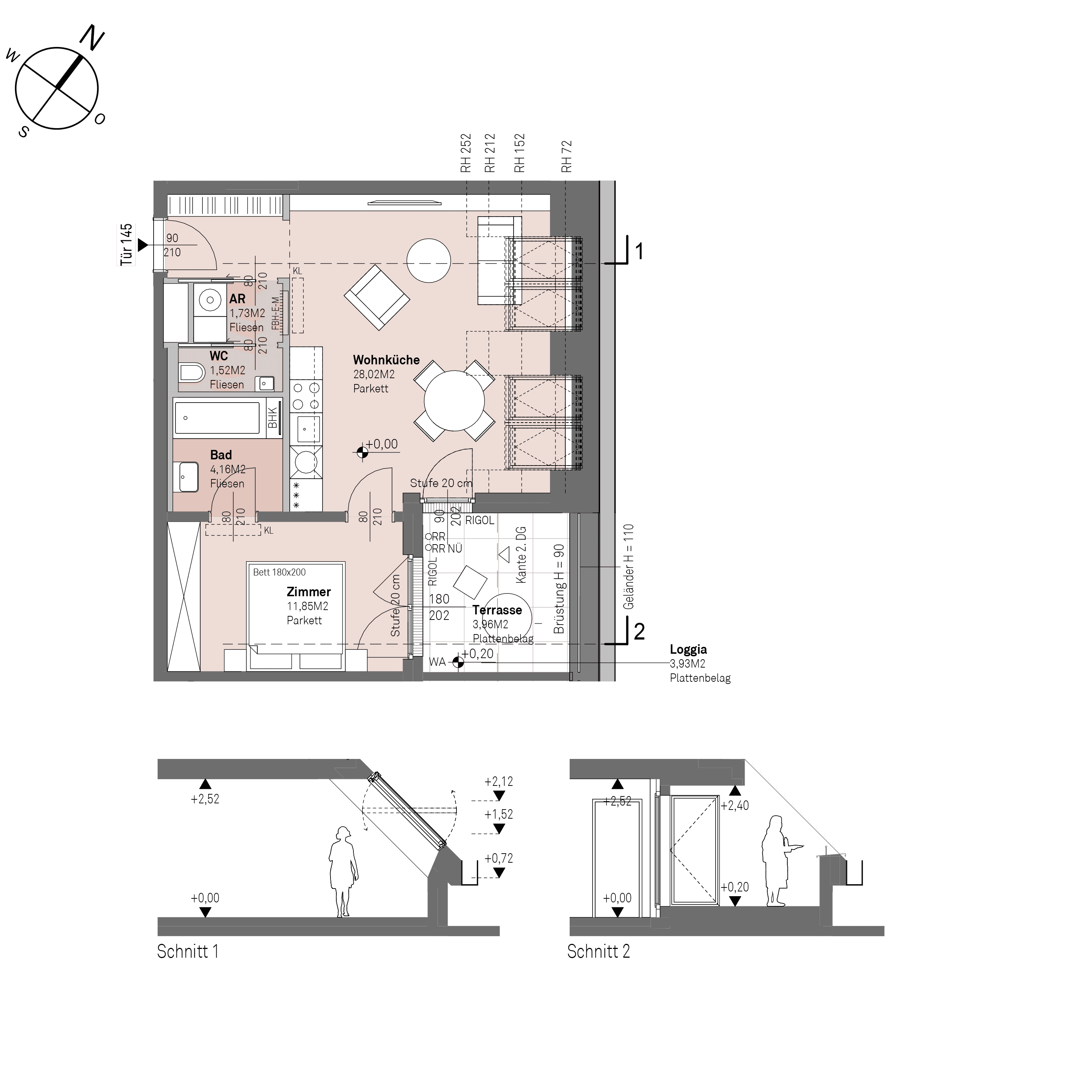 Grundriss Top 1/145 — Traisengasse 20–22 — 2 Zimmer — 50,6 m² — 1st attic floor — N/O
