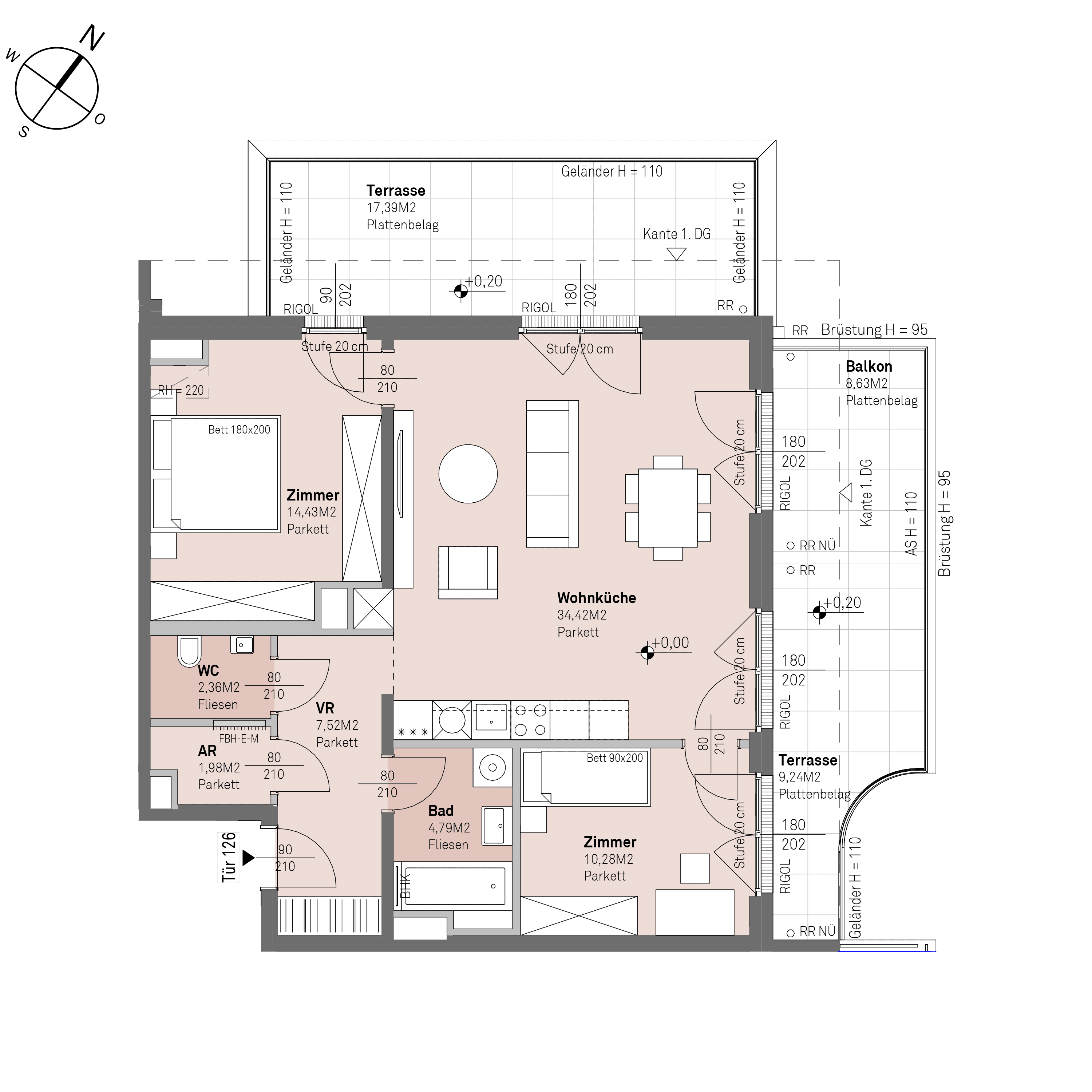 Grundriss Top 1/126 — Traisengasse 20–22 — 3 Zimmer — 75,8 m² — 6th floor
