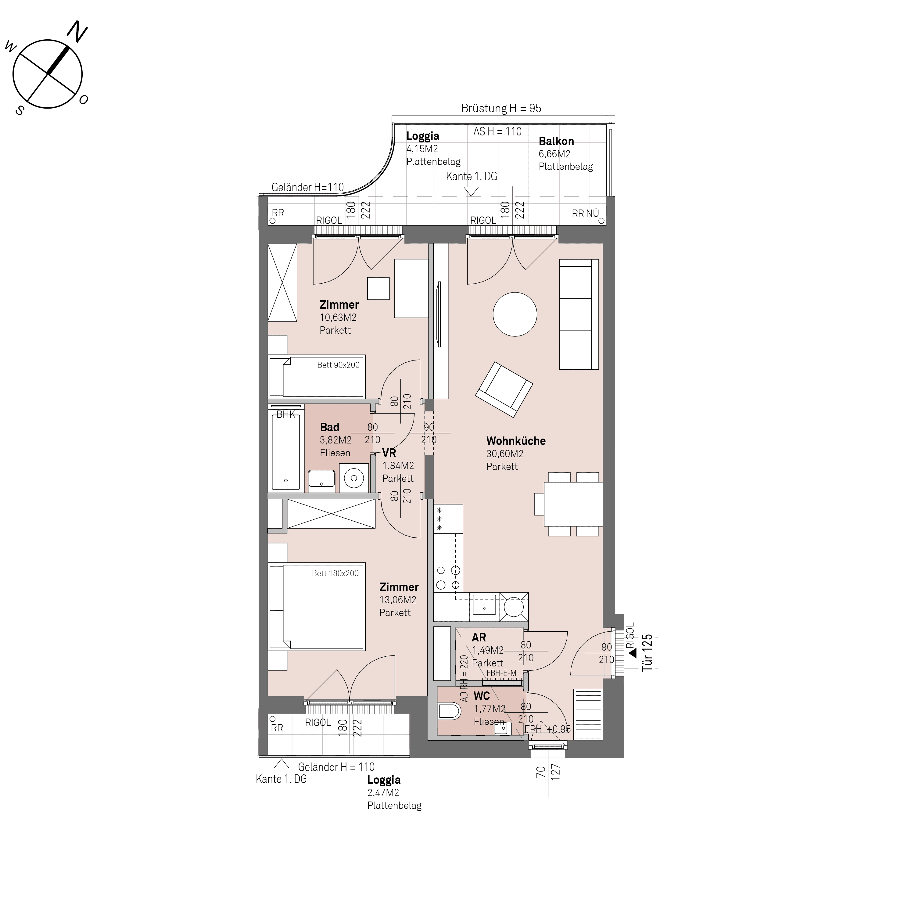 Grundriss Top 1/125 — Traisengasse 20–22 — 3 Zimmer — 63,2 m² — 6th floor — N/W