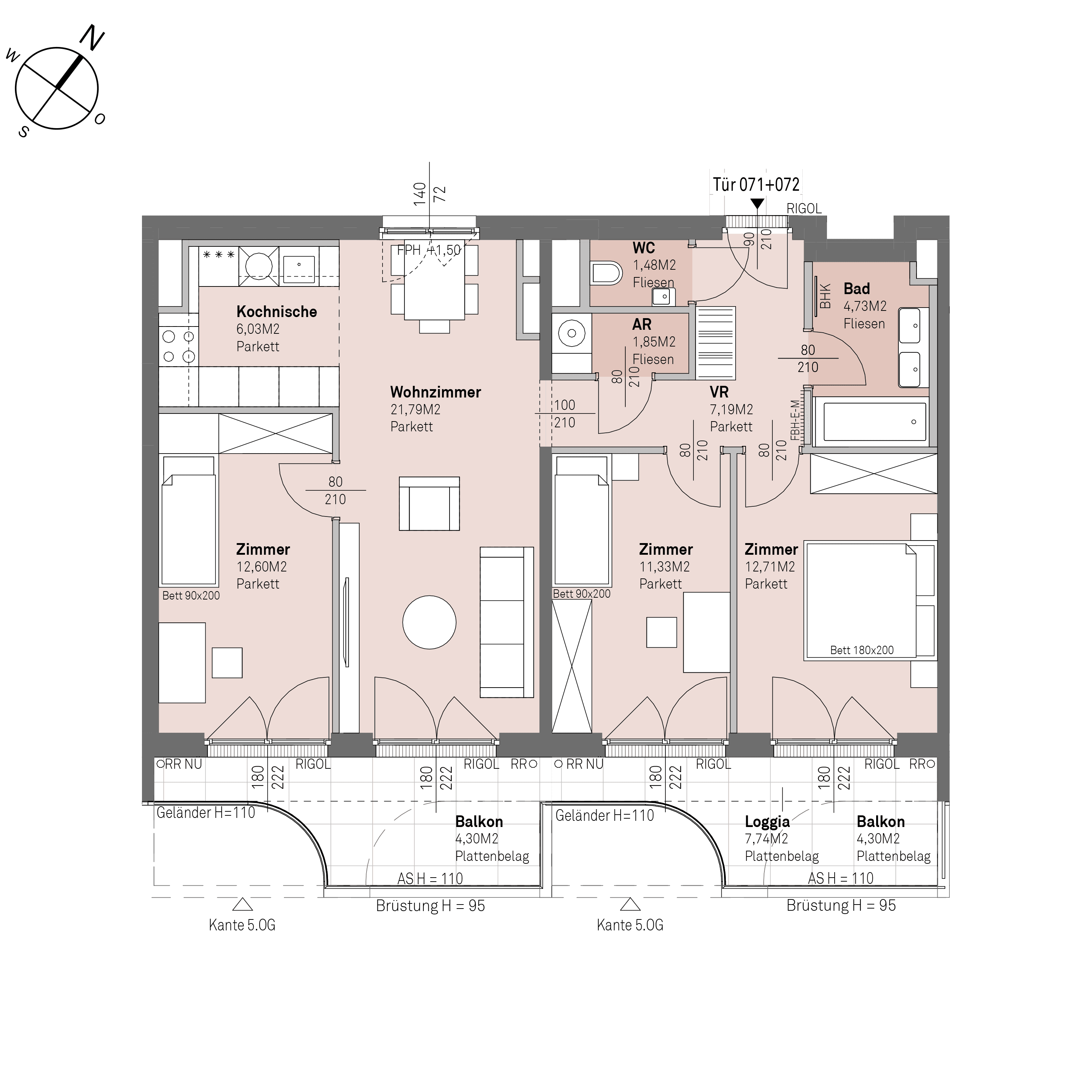 Grundriss Top 2/071+072 — Traisengasse 20–22 — 4 Zimmer — 79,7 m² — 4th floor — O/S
