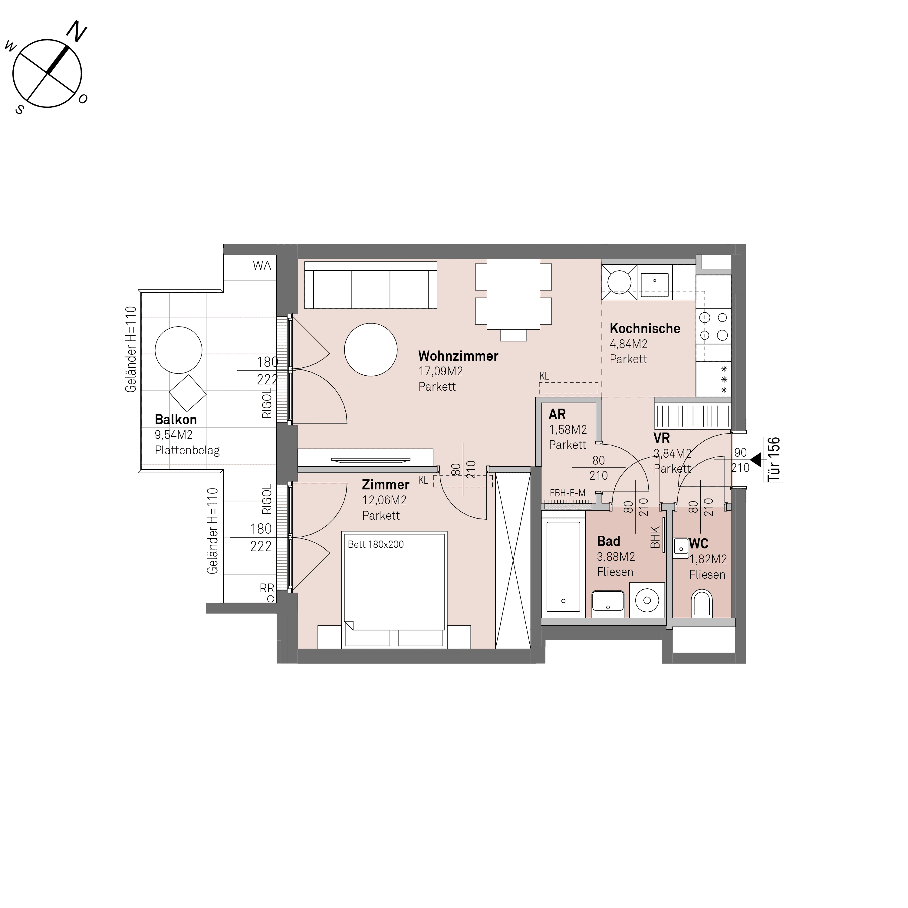 Grundriss Top 1/156 — Traisengasse 20–22 — 2 Zimmer — 45,1 m² — 2nd attic floor — S/W