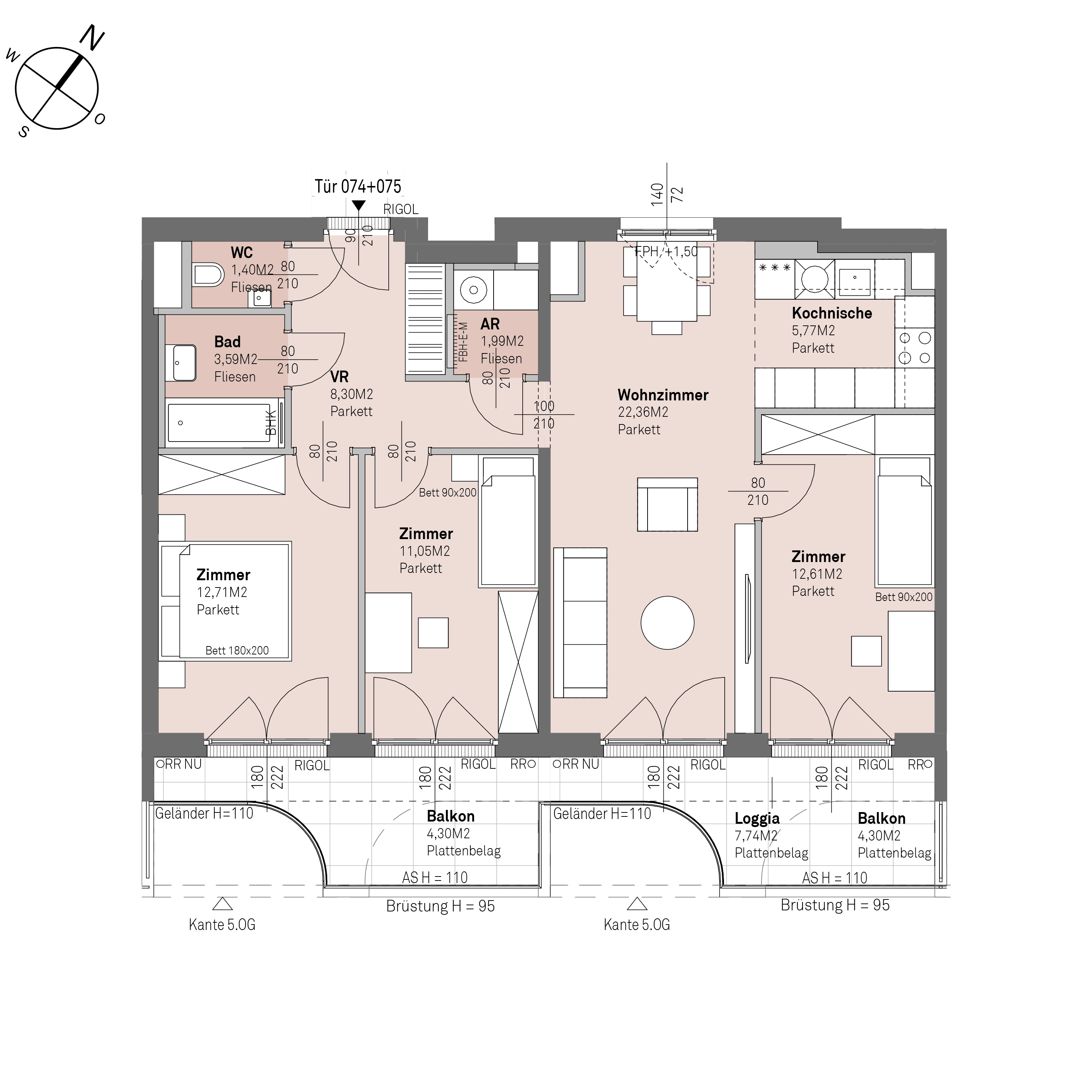Grundriss Top 2/074+075 — Traisengasse 20–22 — 4 Zimmer — 79,8 m² — 4th floor — O/S