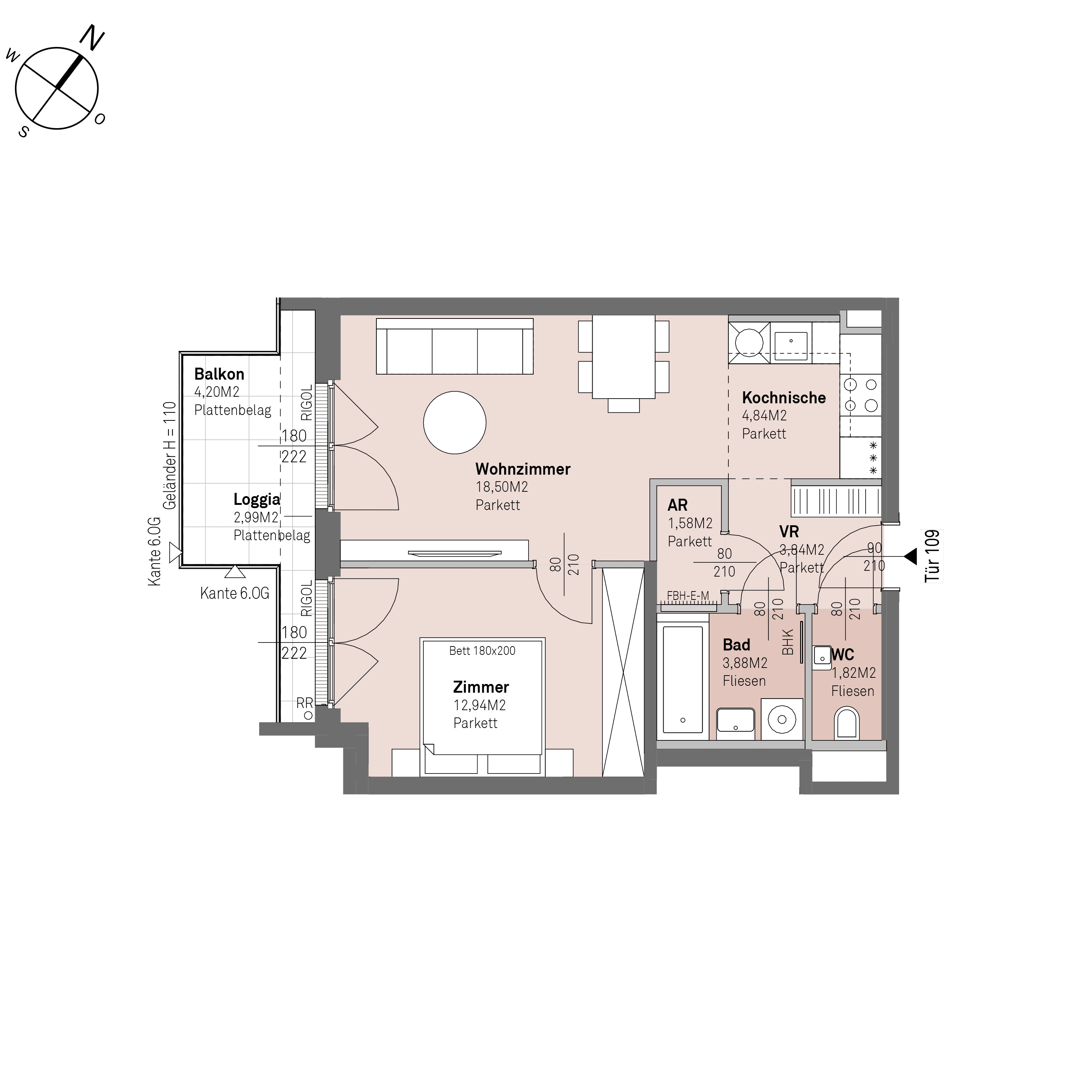 Grundriss Top 1/109 — Traisengasse 20–22 — 2 Zimmer — 47,4 m² — 5th floor — S/W