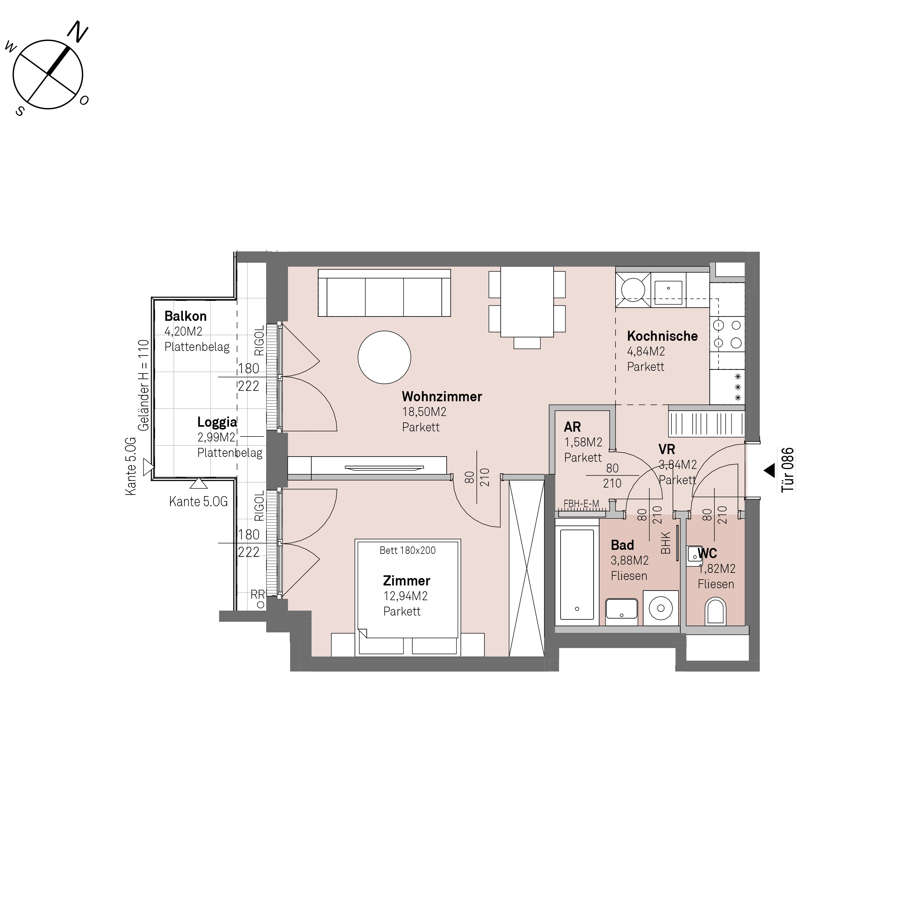 Grundriss Top 1/86 — Traisengasse 20–22 — 2 Zimmer — 47,4 m² — 4th floor — S/W
