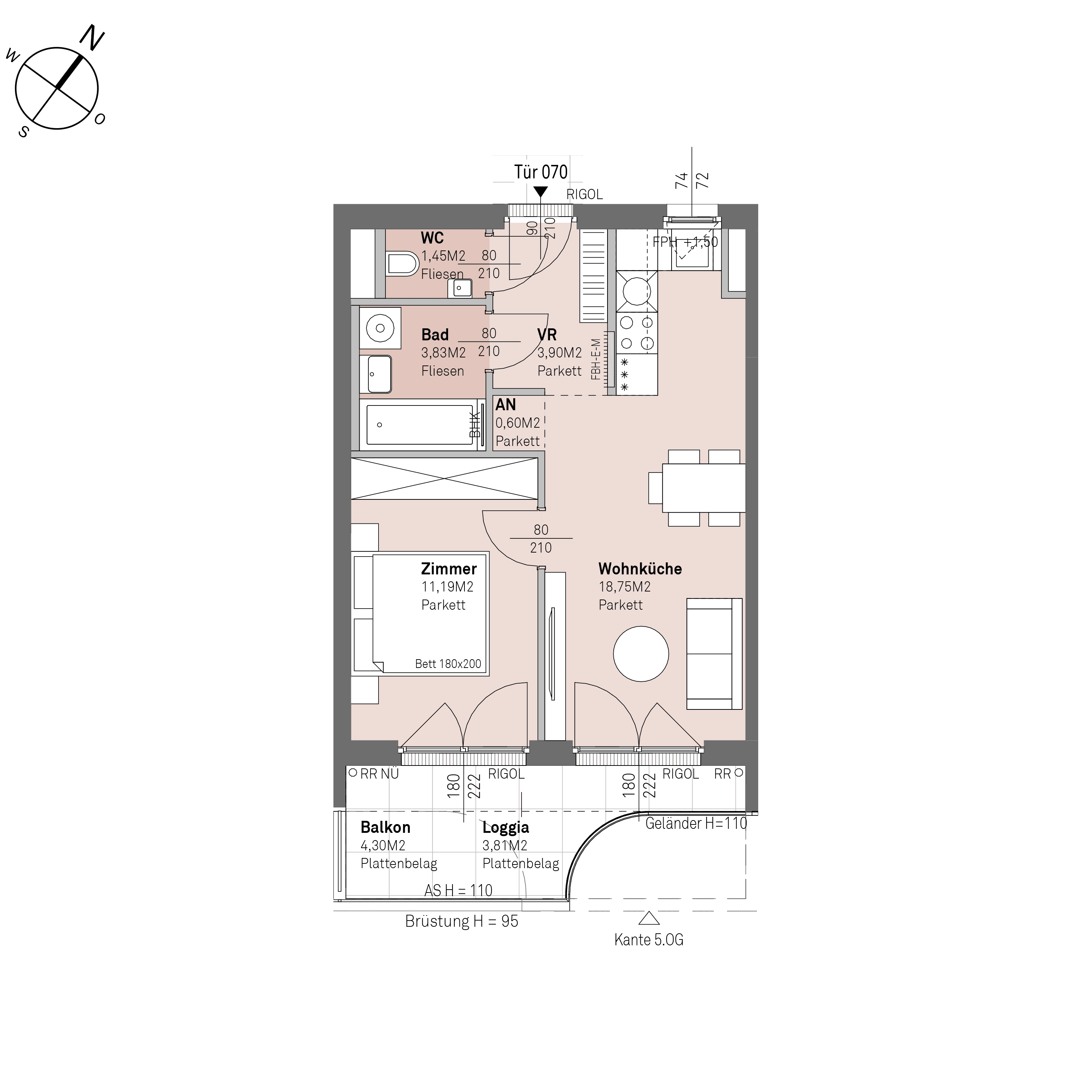 Grundriss Top 2/70 — Traisengasse 20–22 — 2 Zimmer — 39,7 m² — 4th floor — O/S