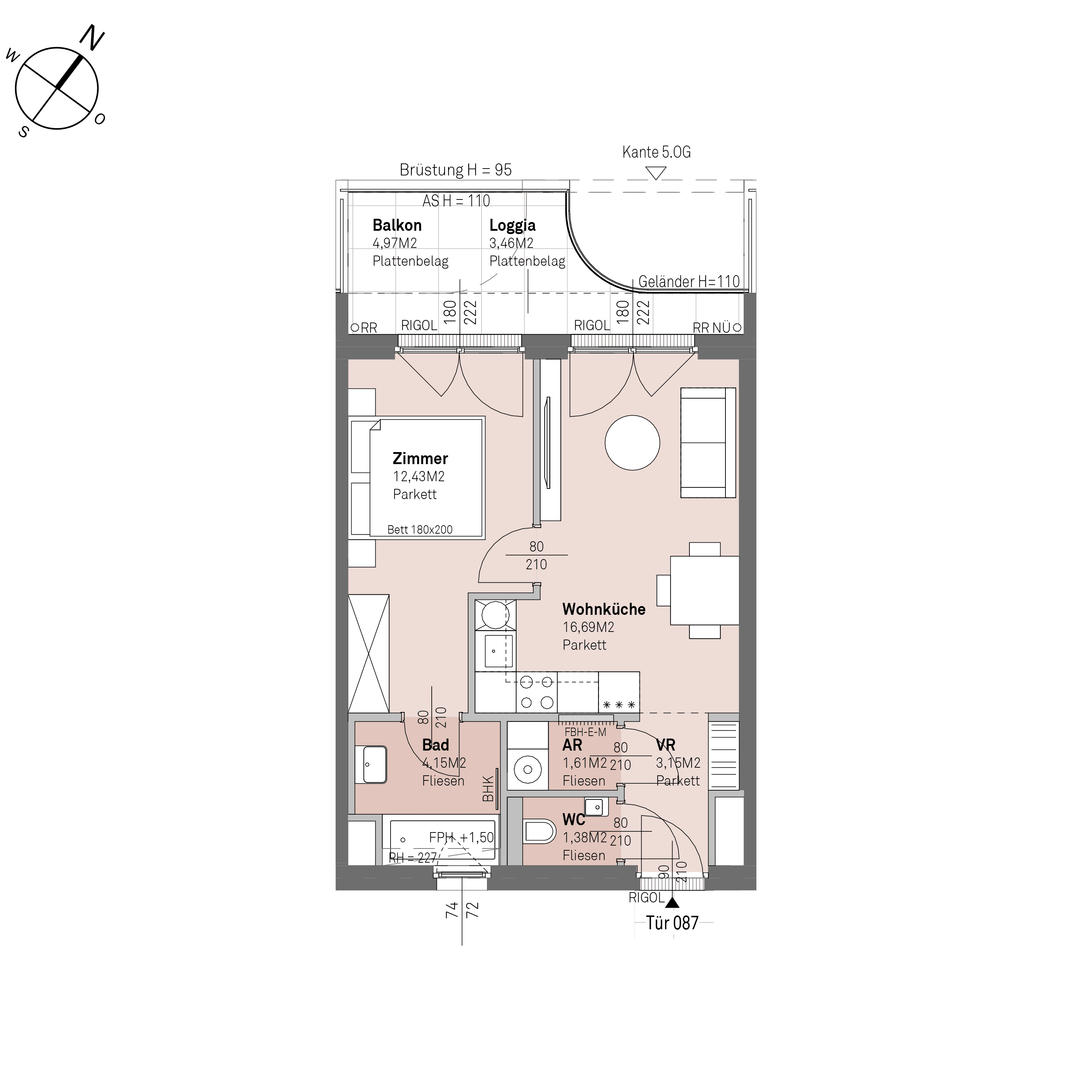 Grundriss Top 2/87 — Traisengasse 20–22 — 2 Zimmer — 39,4 m² — 4th floor — N/W