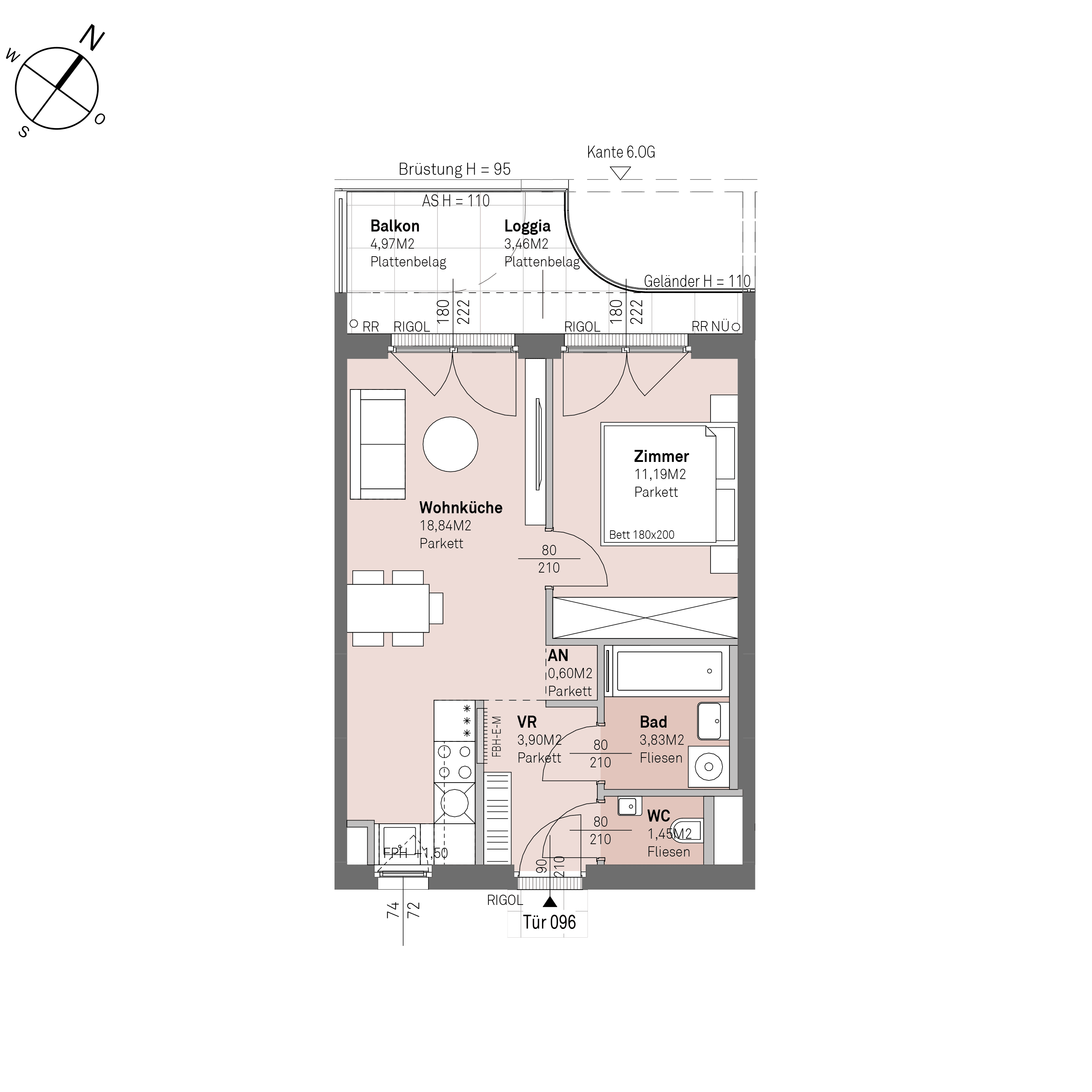 Grundriss Top 1/96 — Traisengasse 20–22 — 2 Zimmer — 39,8 m² — 5th floor — N/W