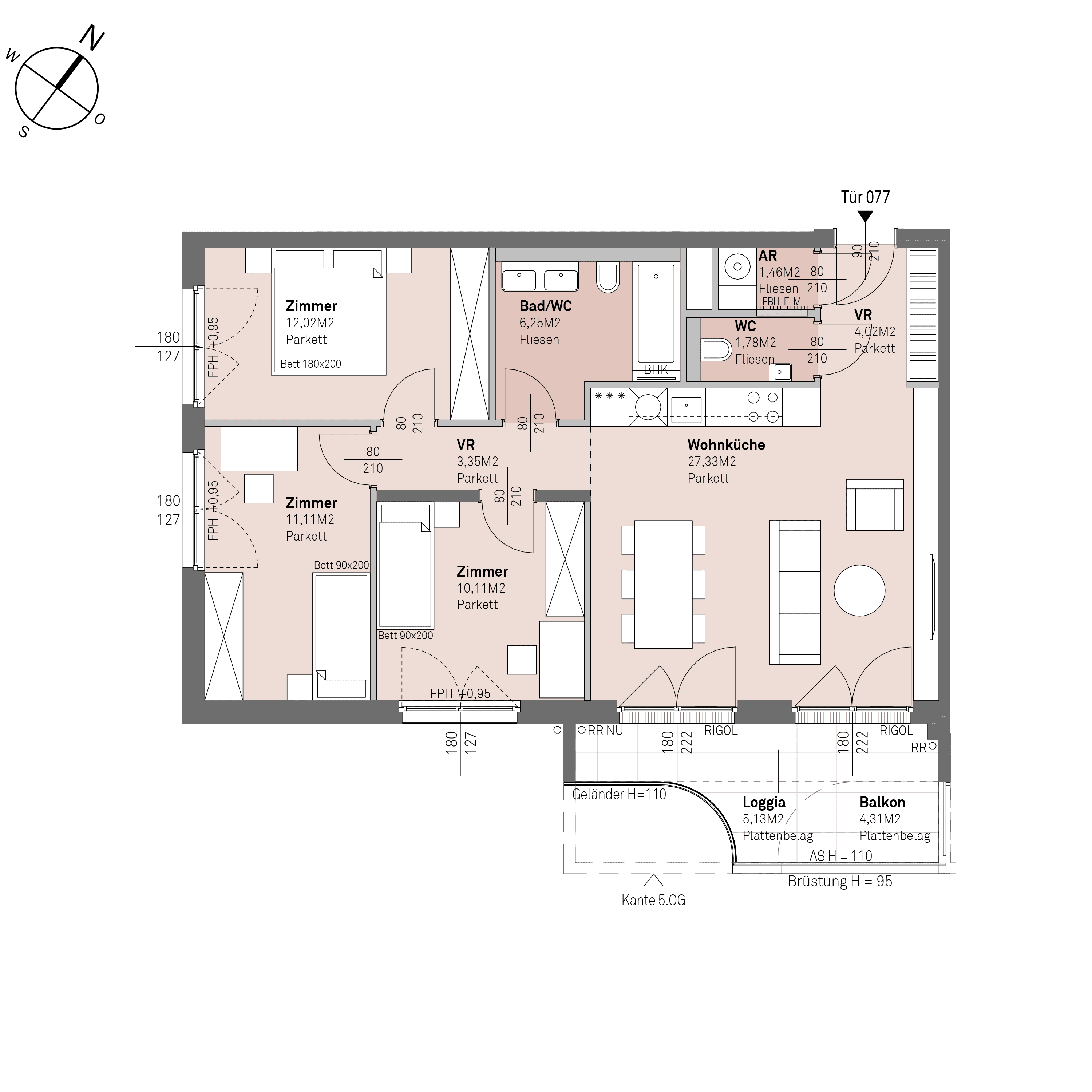 Grundriss Top 2/77 — Traisengasse 20–22 — 4 Zimmer — 77,4 m² — 4th floor