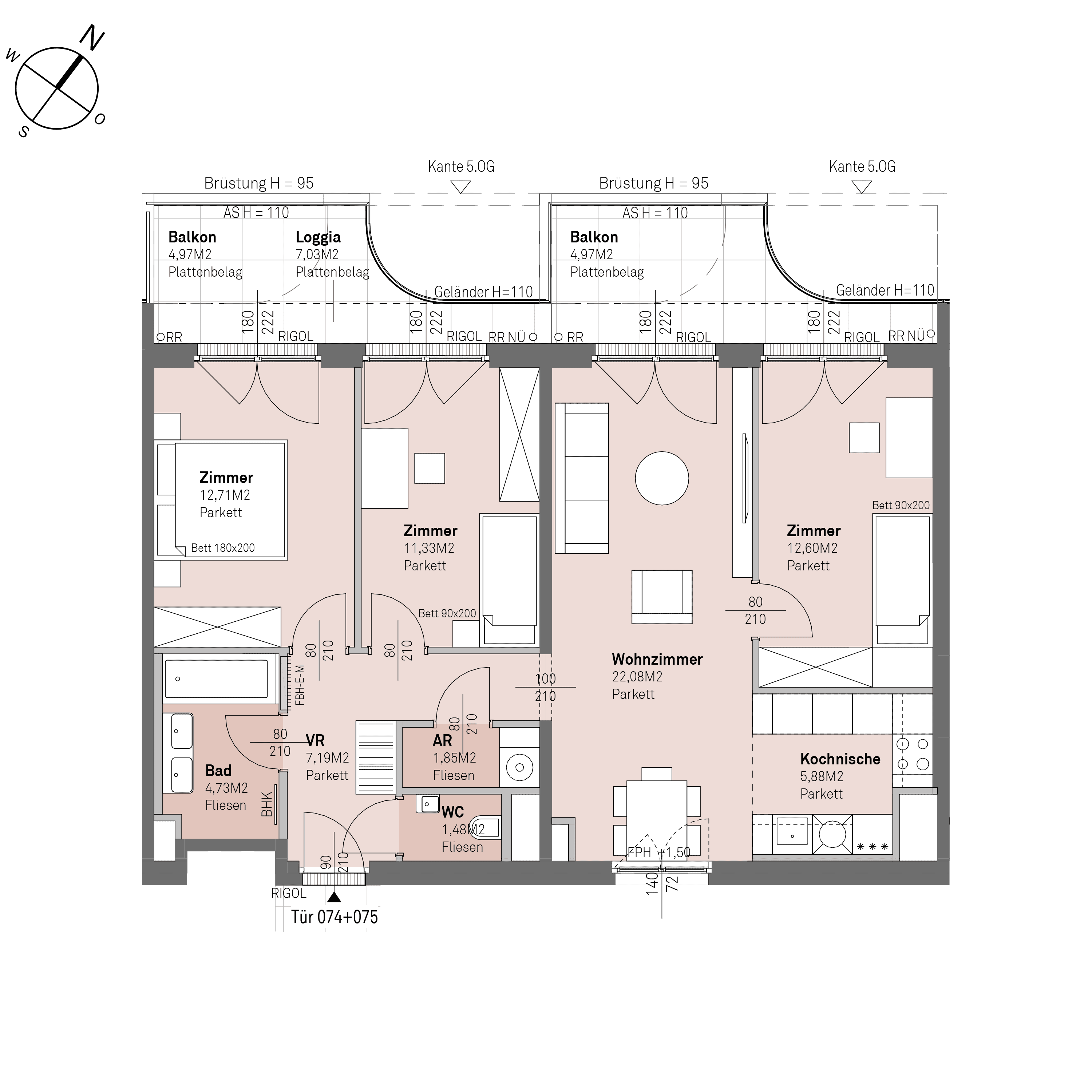 Grundriss Top 1/074+075 — Traisengasse 20–22 — 4 Zimmer — 79,8 m² — 4th floor — N/W