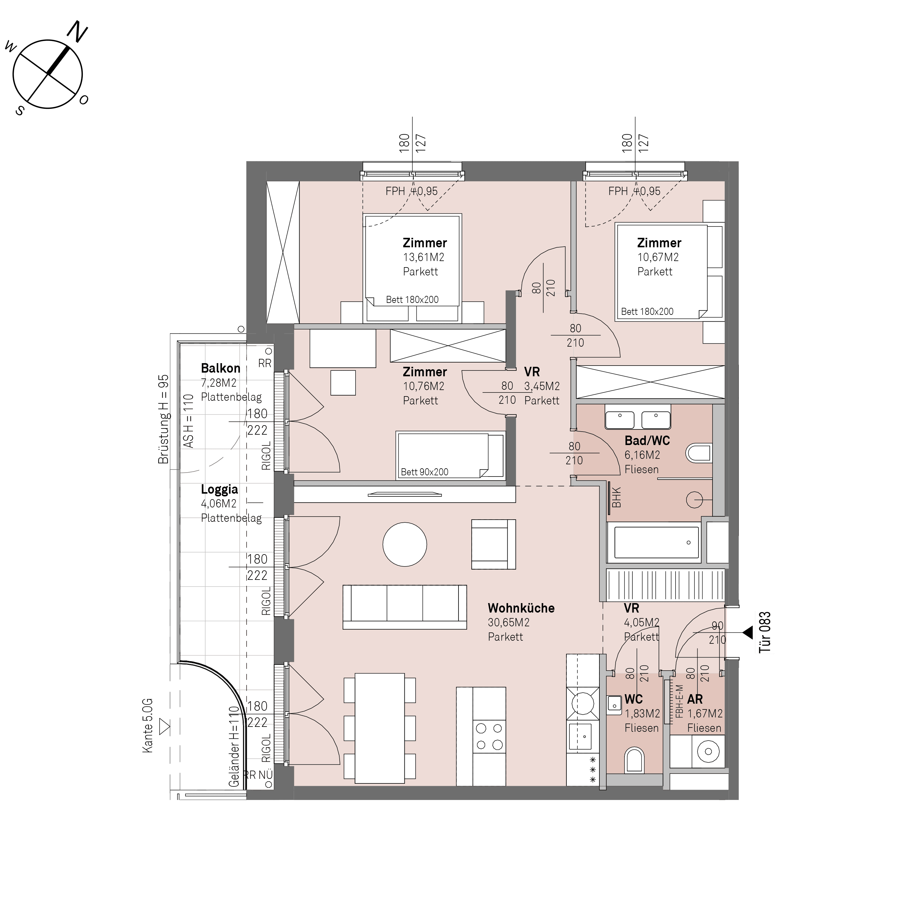 Grundriss Top 2/83 — Traisengasse 20–22 — 4 Zimmer — 82,8 m² — 4th floor — N/S/W