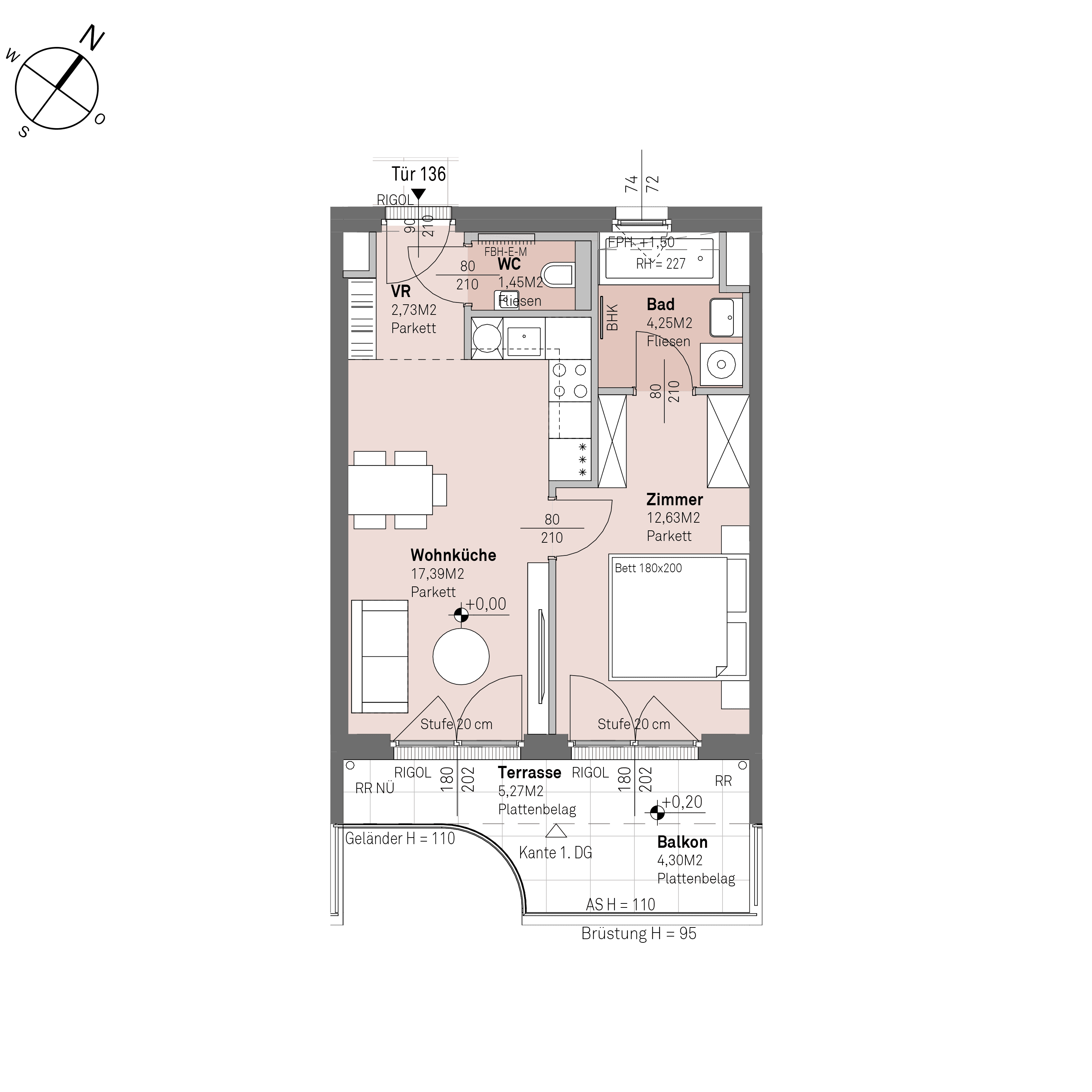 Grundriss Top 1/136 — Traisengasse 20–22 — 2 Zimmer — 38,4 m² — 6th floor — O/S