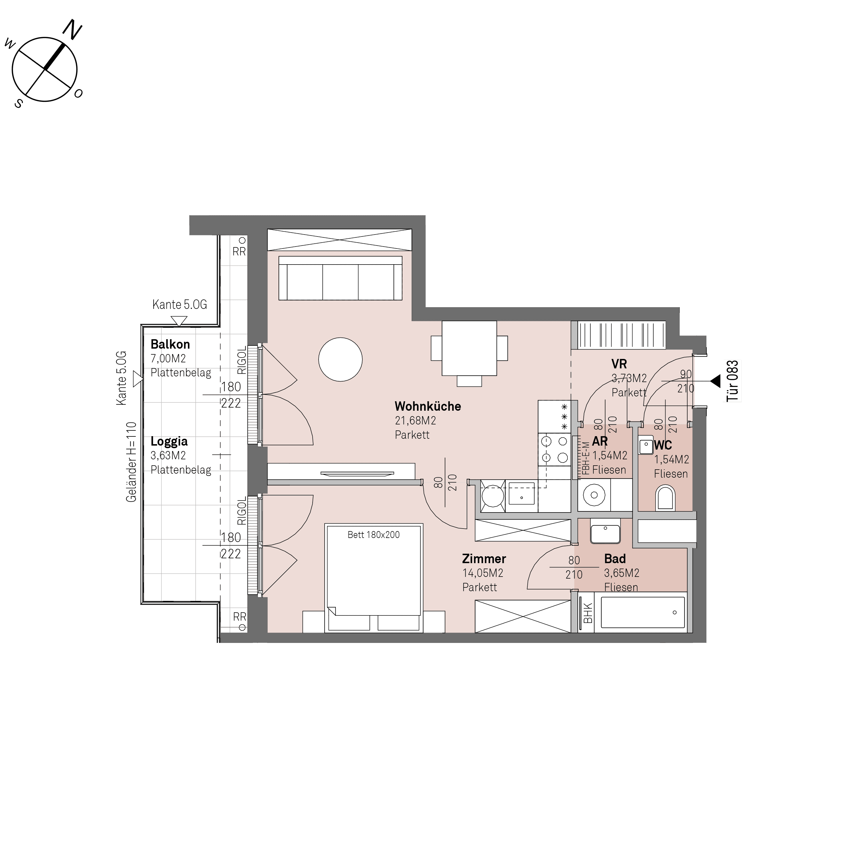 Grundriss Top 1/83 — Traisengasse 20–22 — 2 Zimmer — 46,2 m² — 4th floor — S/W