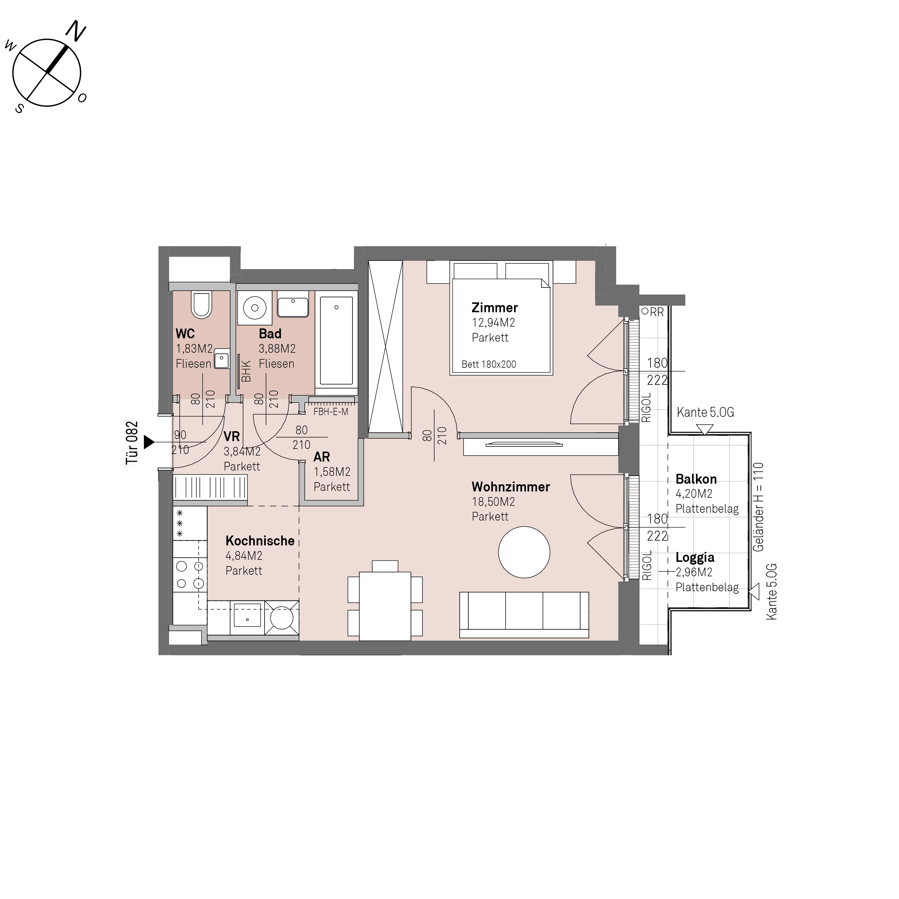 Grundriss Top 2/82 — Traisengasse 20–22 — 2 Zimmer — 47,4 m² — 4th floor — N/O