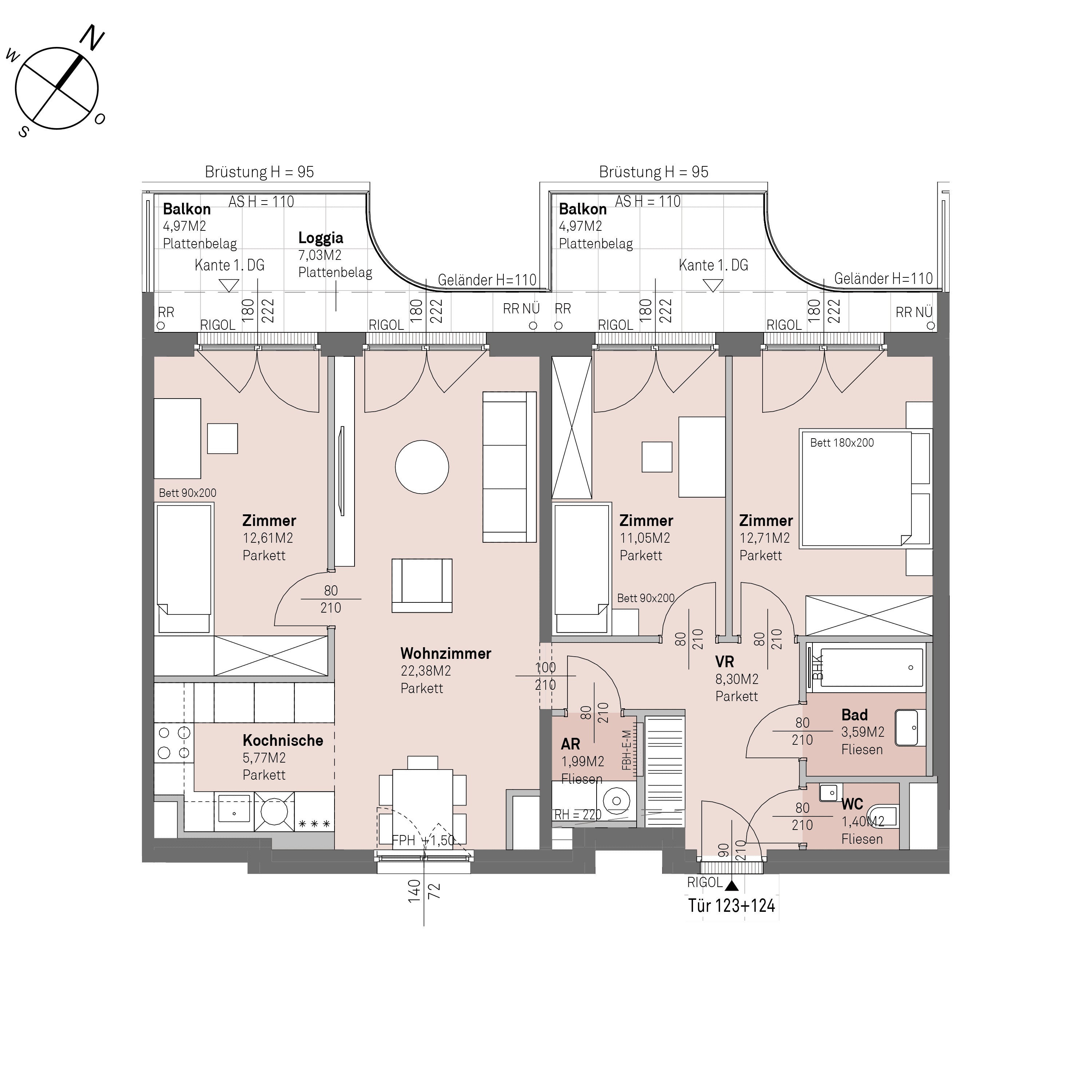 Grundriss Top 1/123+124 — Traisengasse 20–22 — 4 Zimmer — 79,8 m² — 6th floor — N/W