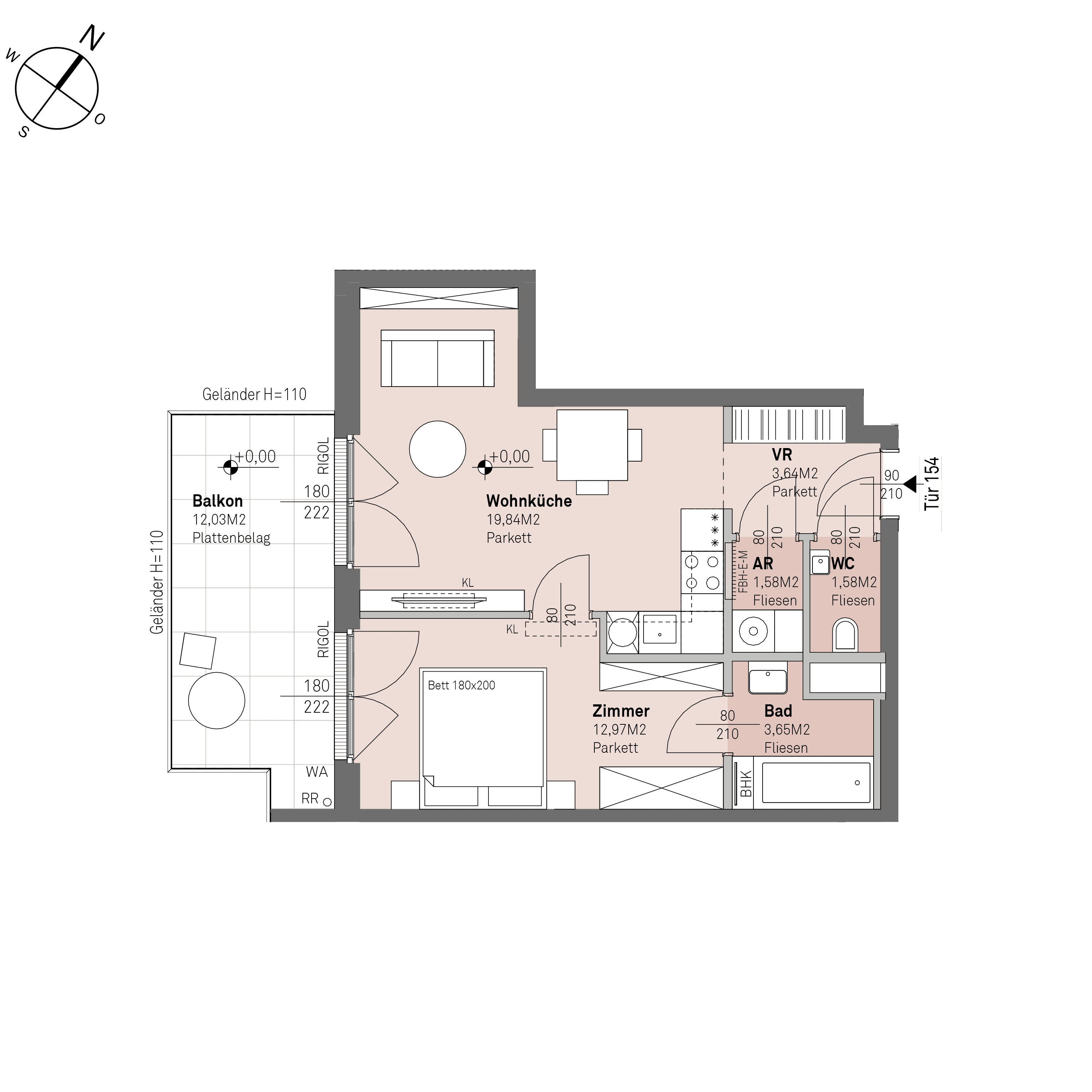 Grundriss Top 1/154 — Traisengasse 20–22 — 2 Zimmer — 43,3 m² — 2nd attic floor — S/W