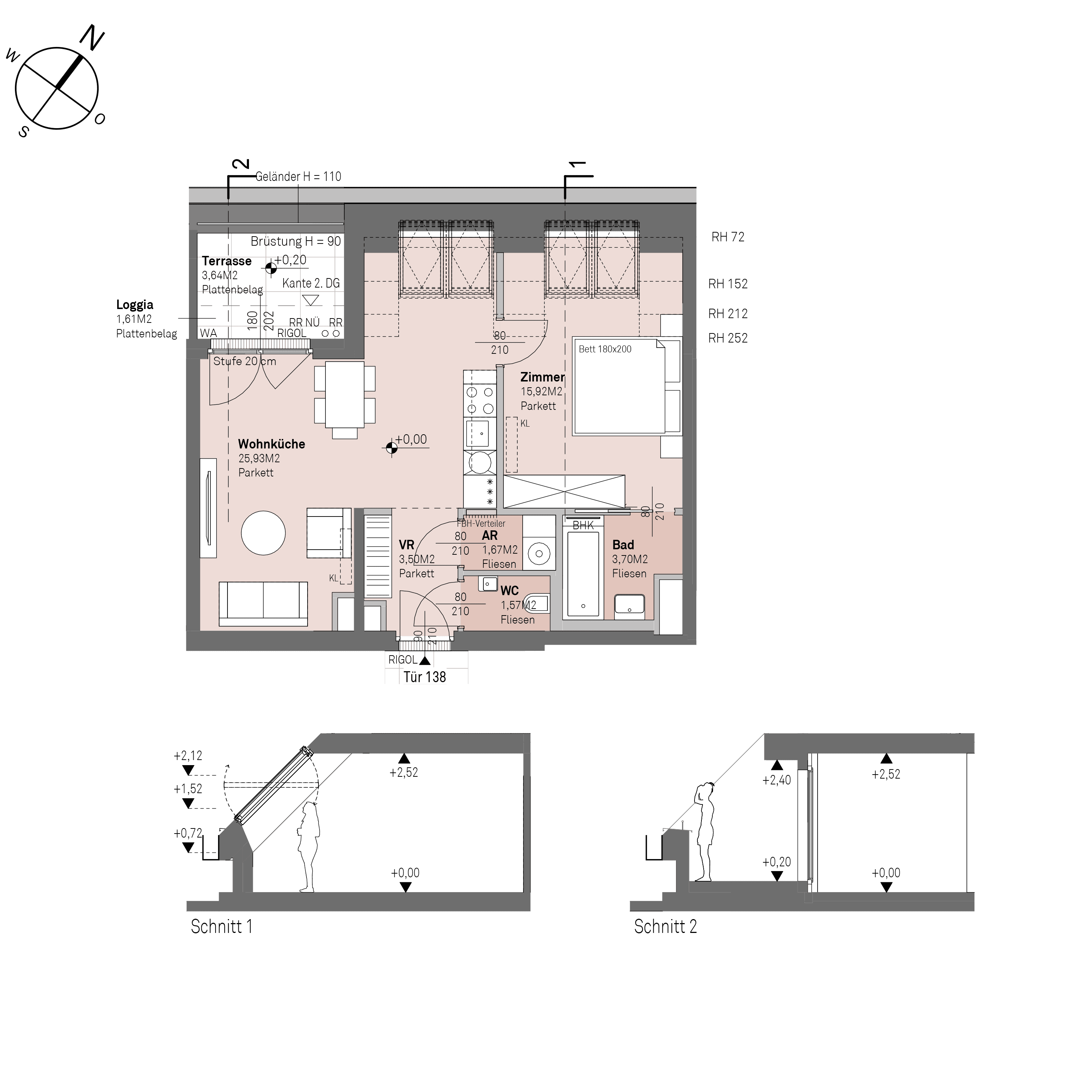Grundriss Top 1/138 — Traisengasse 20–22 — 2 Zimmer — 52,3 m² — 1st attic floor — N/W