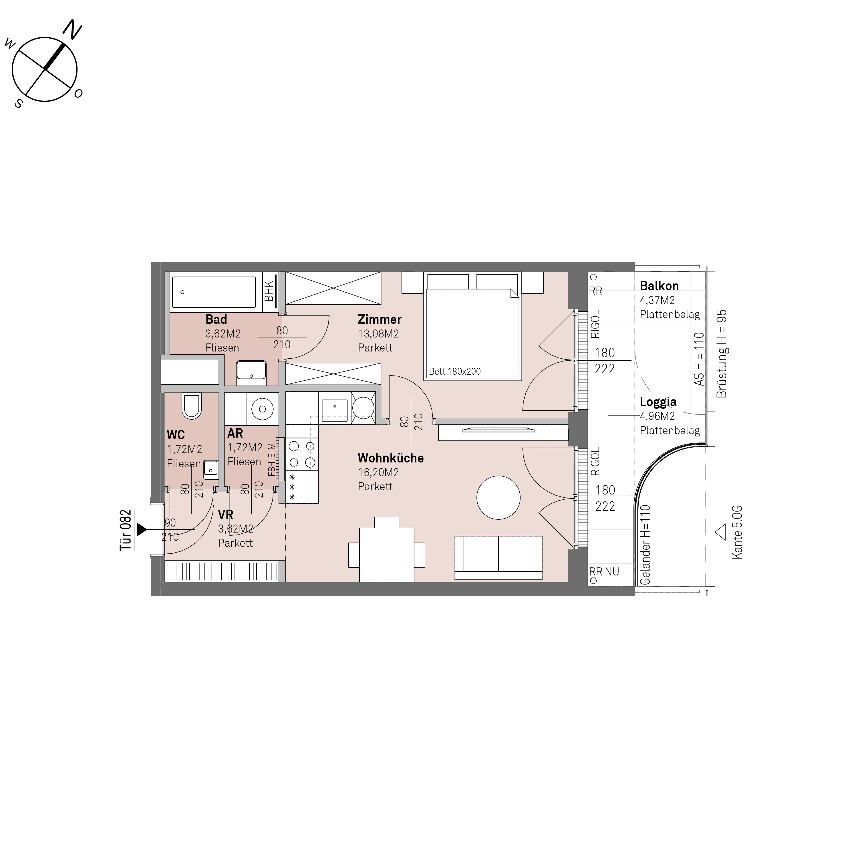 Grundriss Top 1/82 — Traisengasse 20–22 — 2 Zimmer — 40 m² — 4th floor — N/O