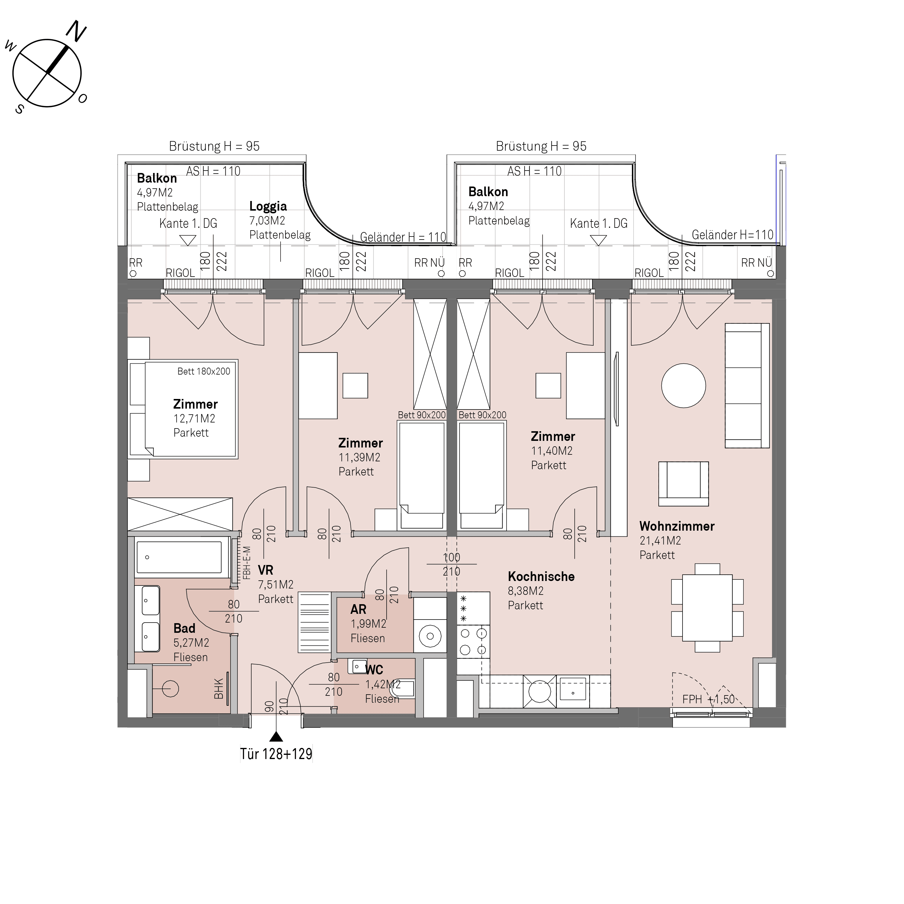 Grundriss Top 2/128+129 — Traisengasse 20–22 — 4 Zimmer — 81,5 m² — 6th floor — N/W