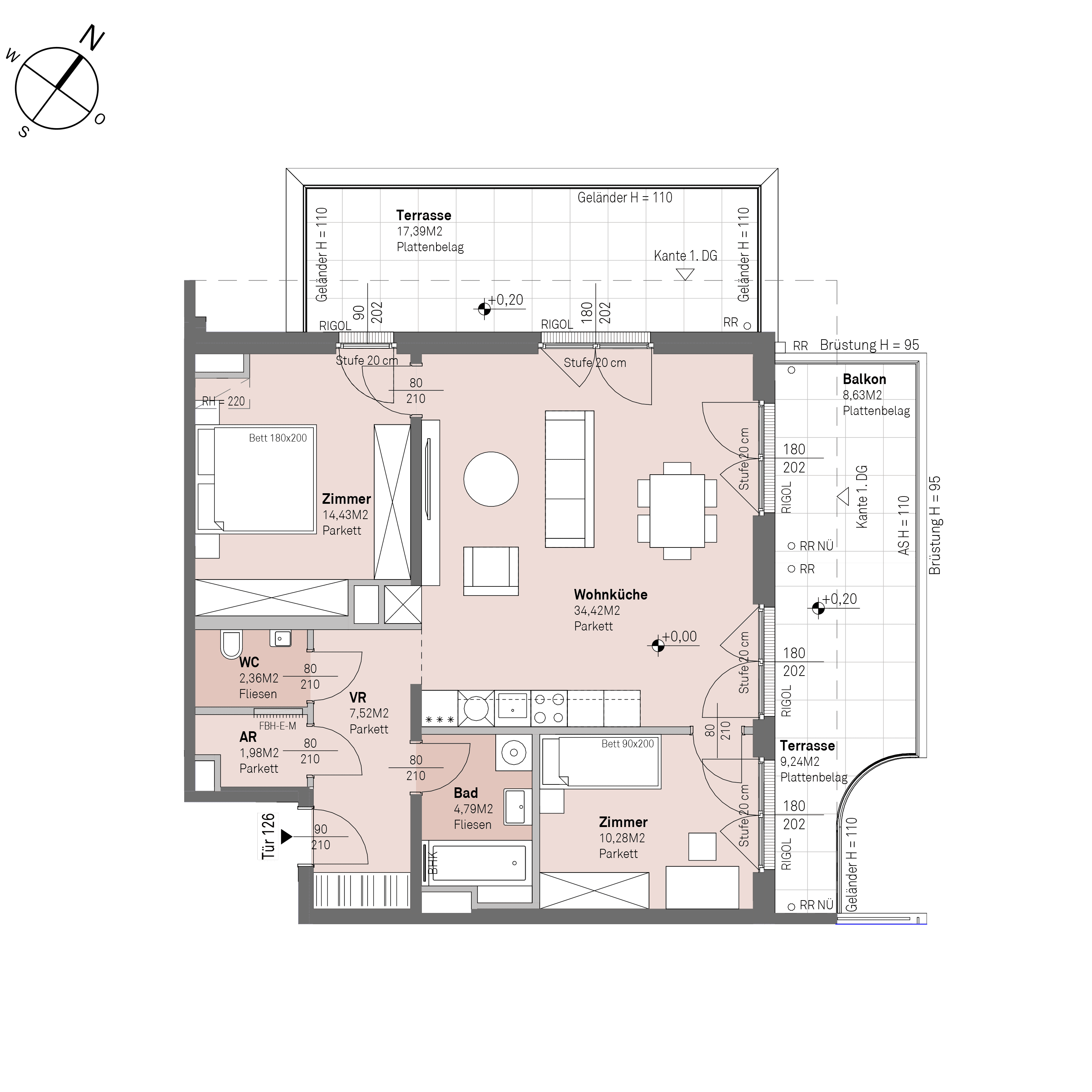 Grundriss Top 2/126 — Traisengasse 20–22 — 2 Zimmer — 45,1 m² — 6th floor — N/O