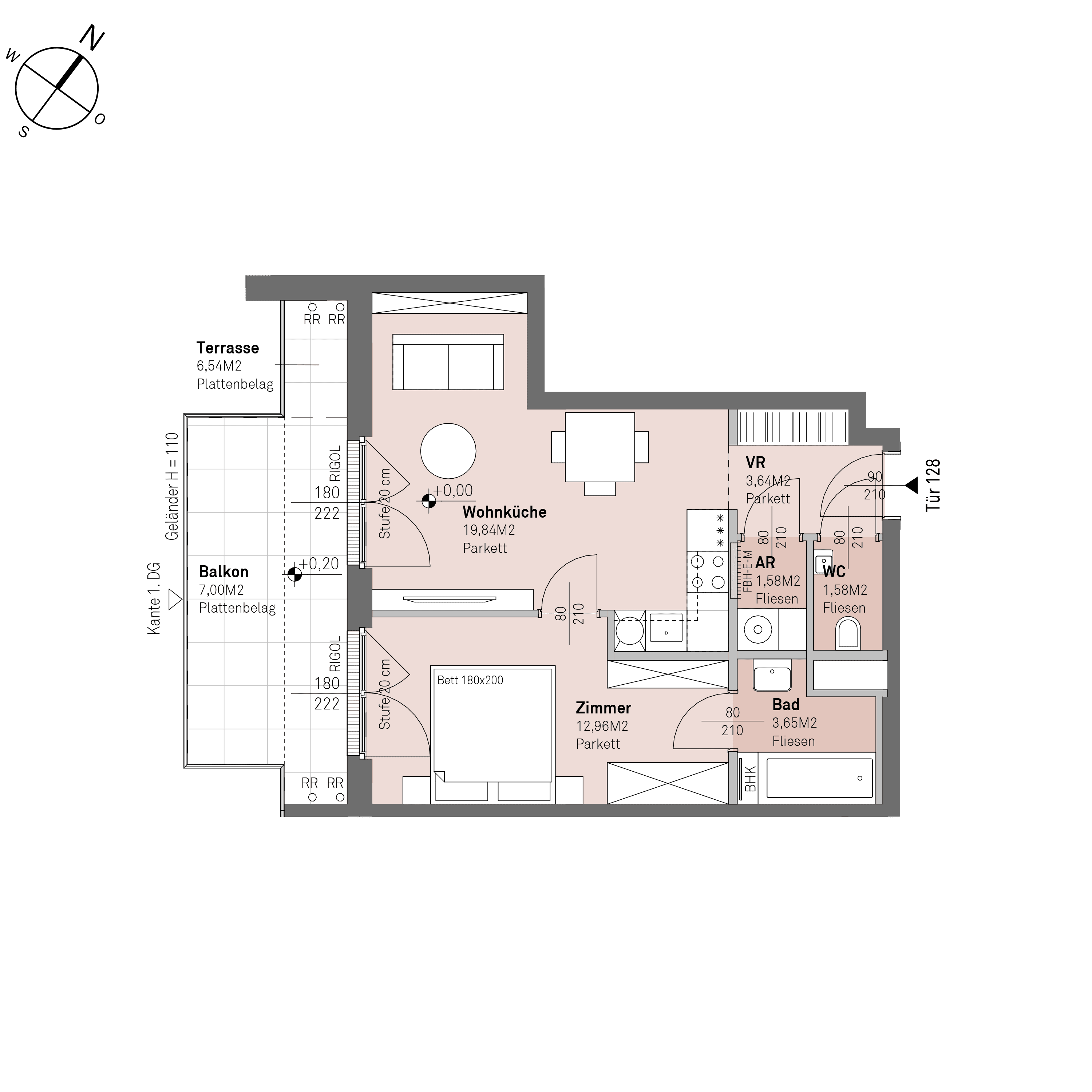 Grundriss Top 1/128 — Traisengasse 20–22 — 2 Zimmer — 43,3 m² — 6th floor — S/W