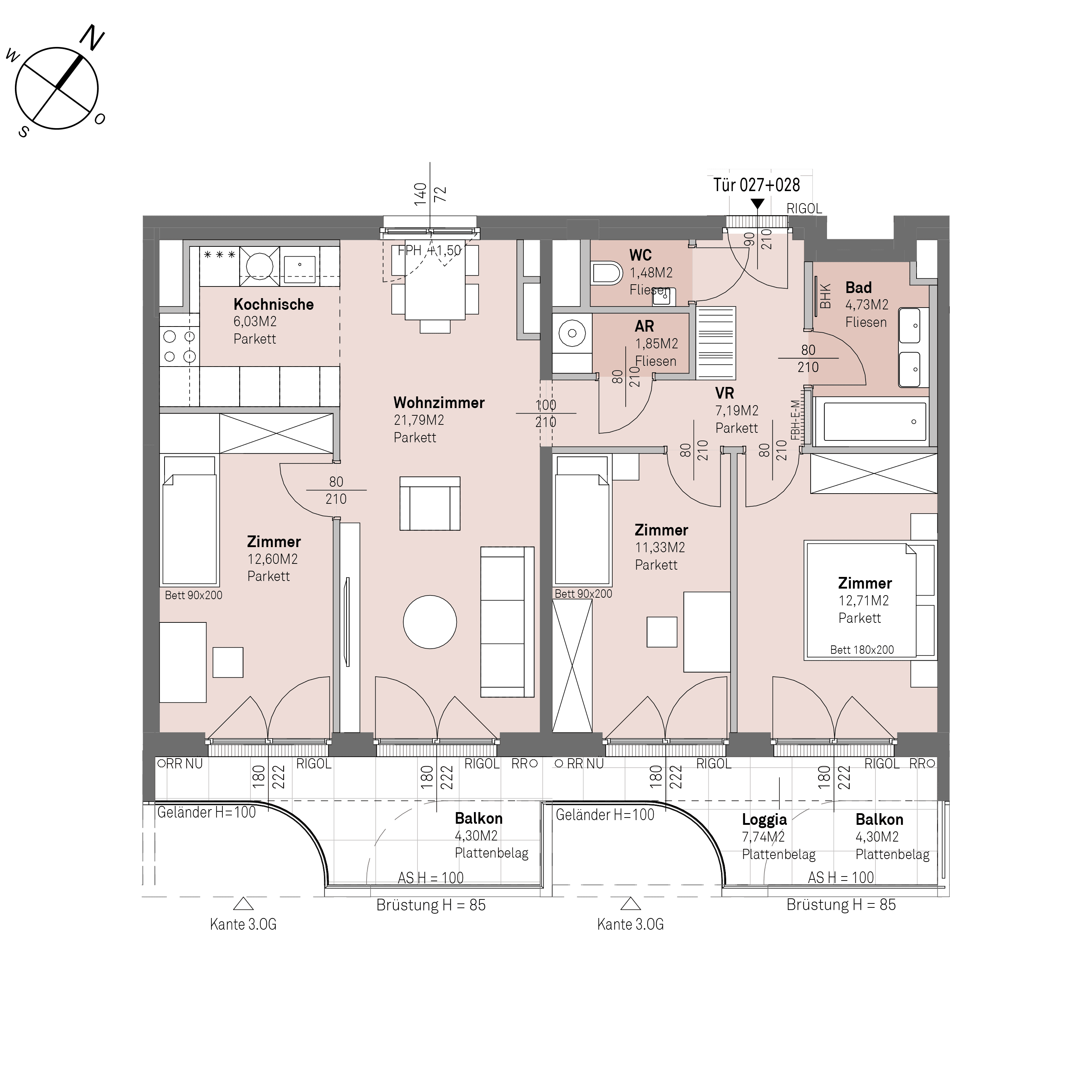 Grundriss Top 2/027+028 — Traisengasse 20–22 — 4 Zimmer — 79,7 m² — 2nd floor — O/S