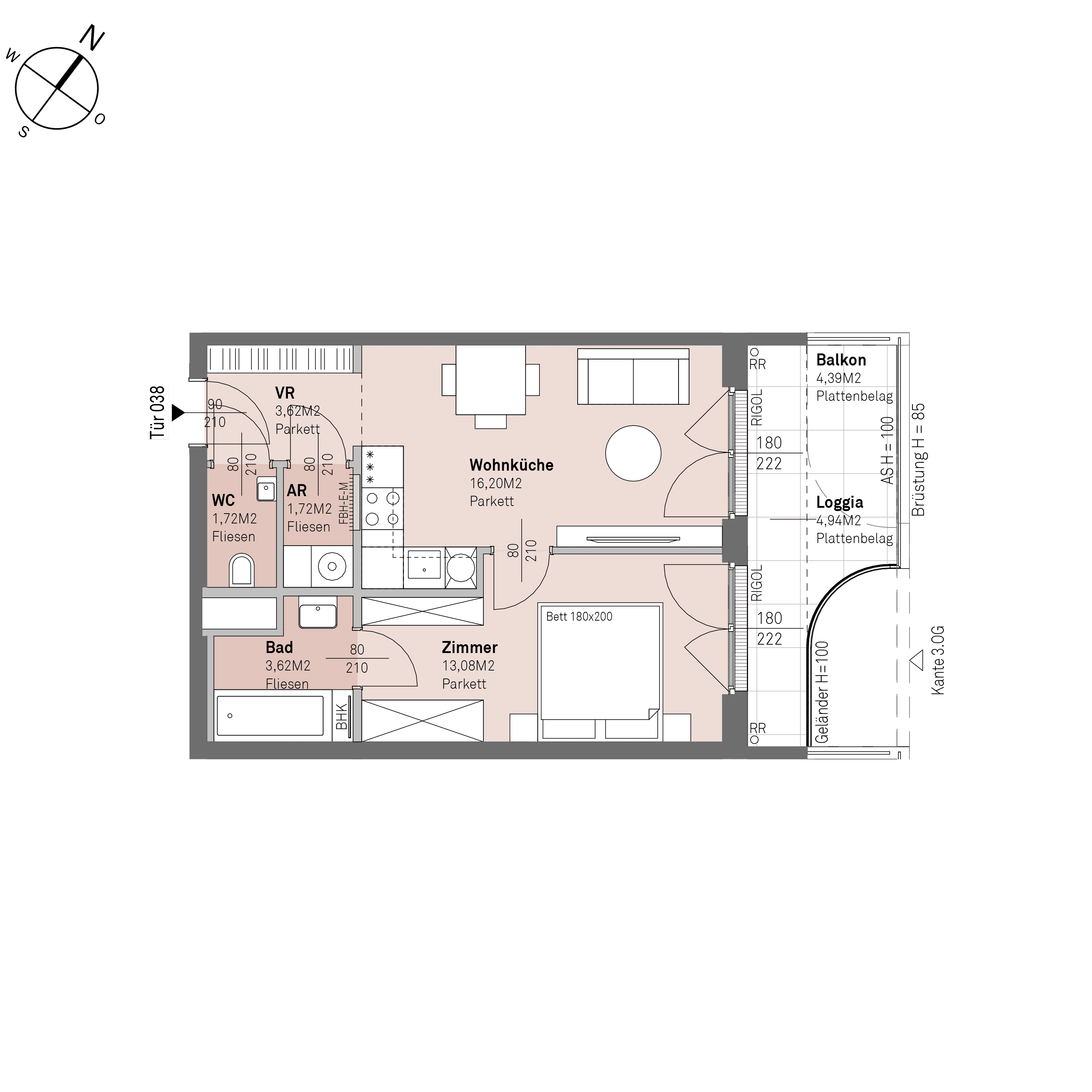 Grundriss Top 1/38 — Traisengasse 20–22 — 2 Zimmer — 40 m² — 2nd floor — N/O