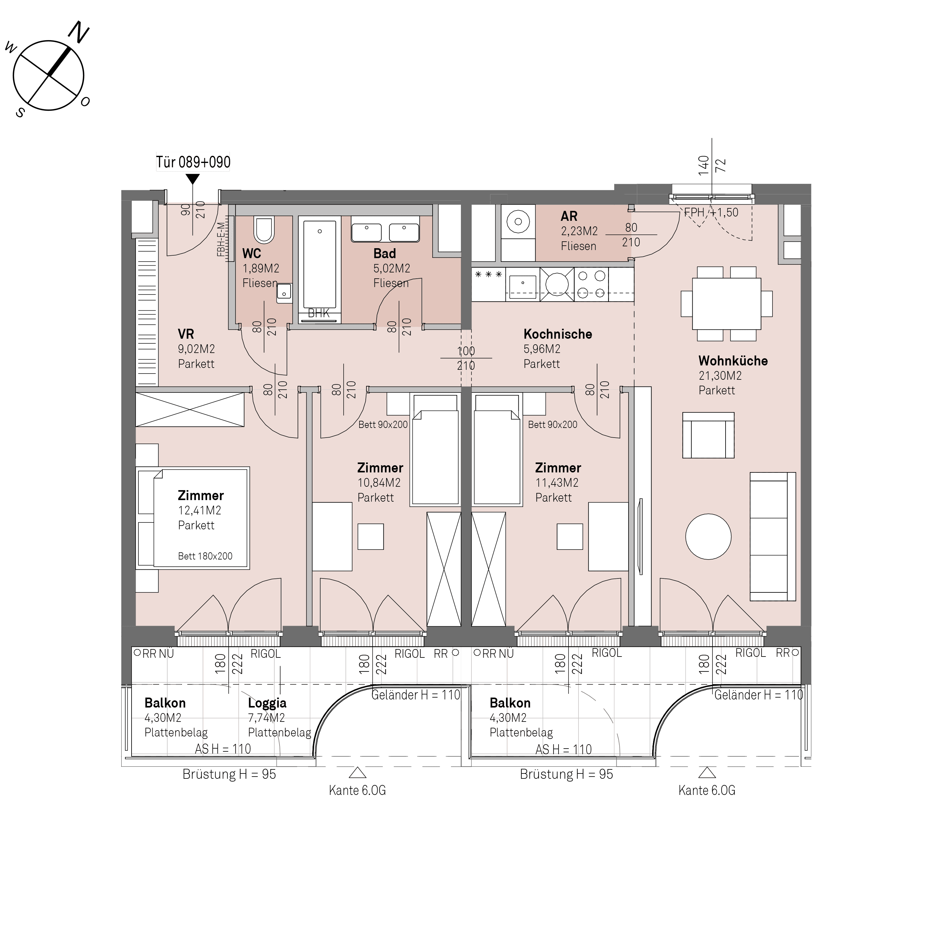 Grundriss Top 2/089+090 — Traisengasse 20–22 — 4 Zimmer — 80,1 m² — 5th floor — O/S