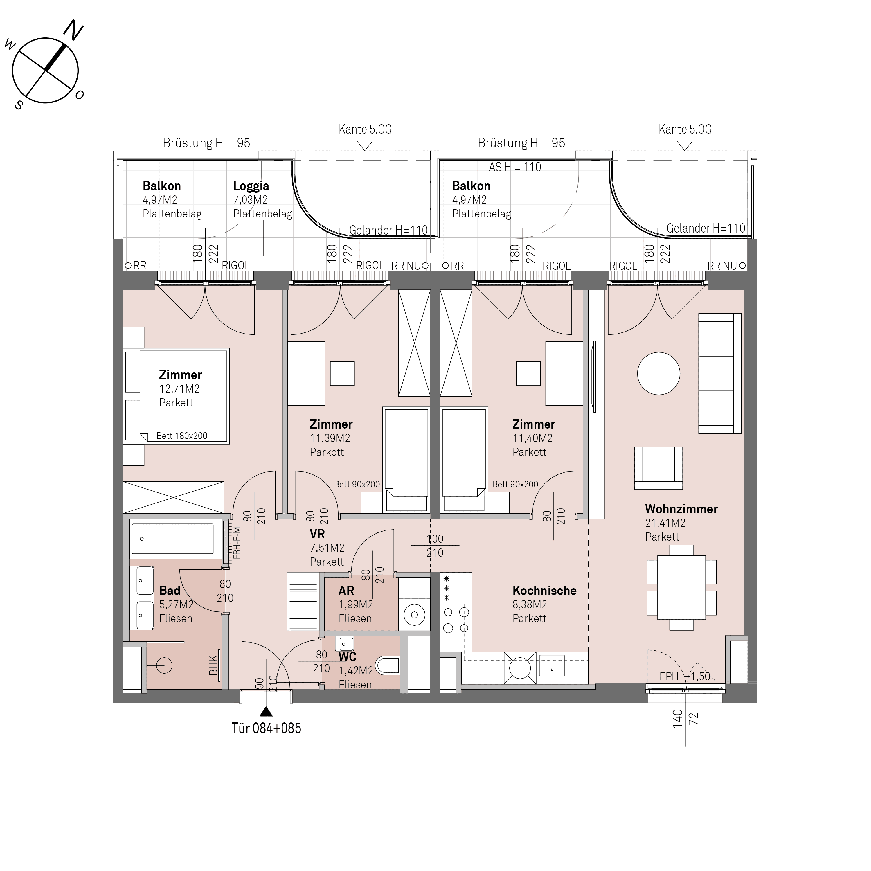 Grundriss Top 2/084+085 — Traisengasse 20–22 — 4 Zimmer — 81,5 m² — 4th floor — N/W