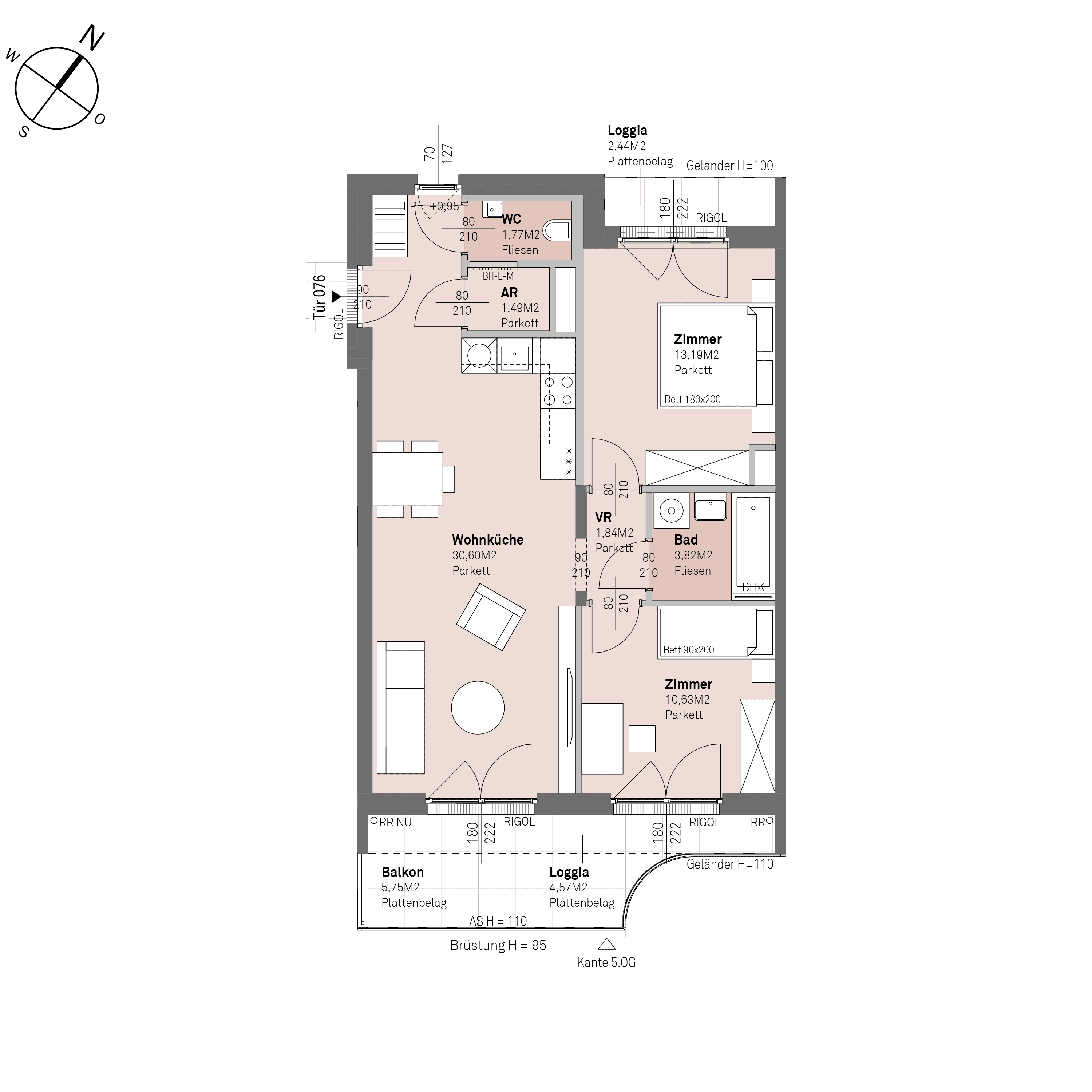 Grundriss Top 2/76 — Traisengasse 20–22 — 3 Zimmer — 63,3 m² — 4th floor — O/S