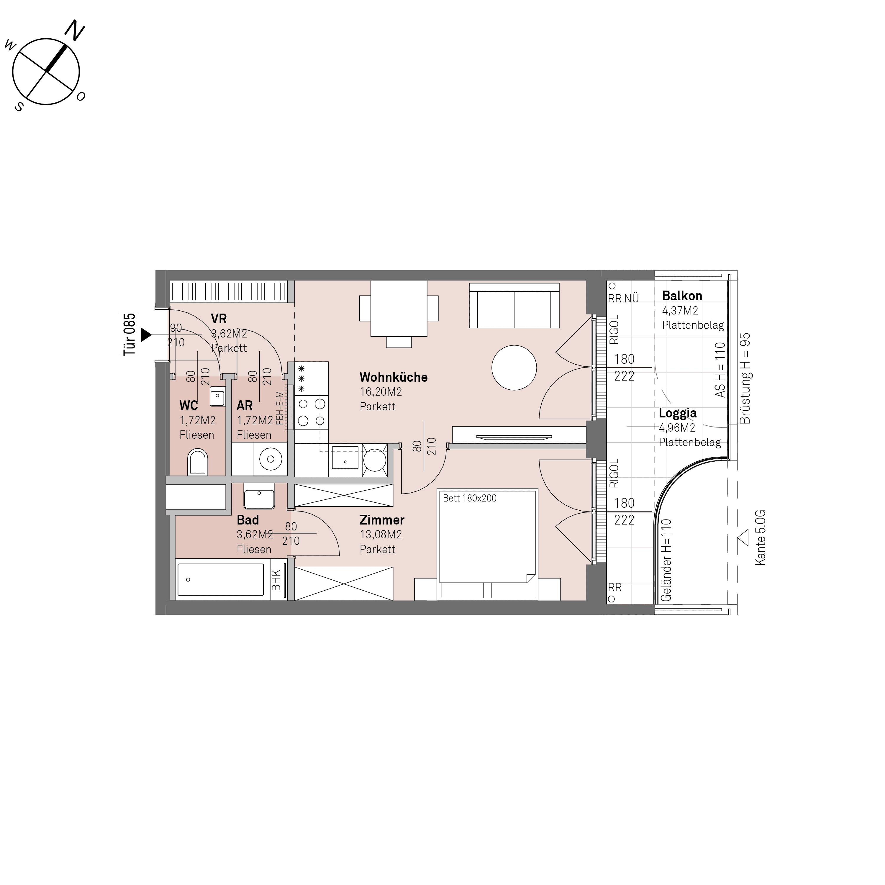 Grundriss Top 1/85 — Traisengasse 20–22 — 2 Zimmer — 40 m² — 4th floor — N/O