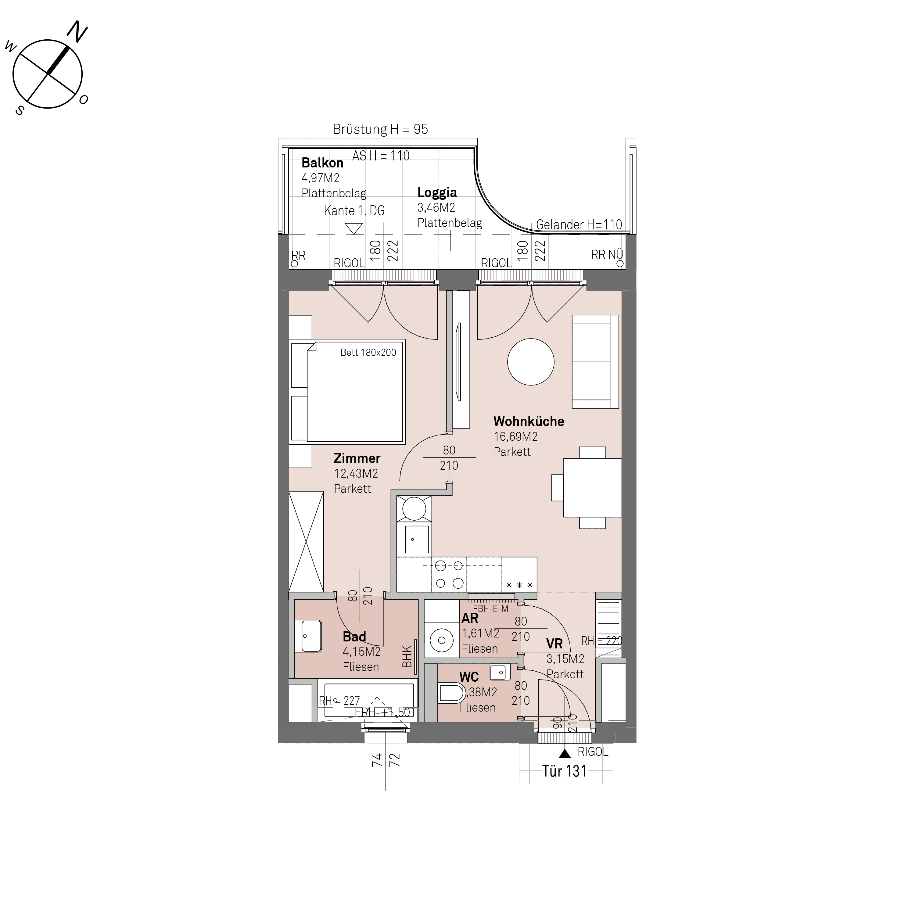 Grundriss Top 2/131 — Traisengasse 20–22 — 2 Zimmer — 39,4 m² — 6th floor — N/W