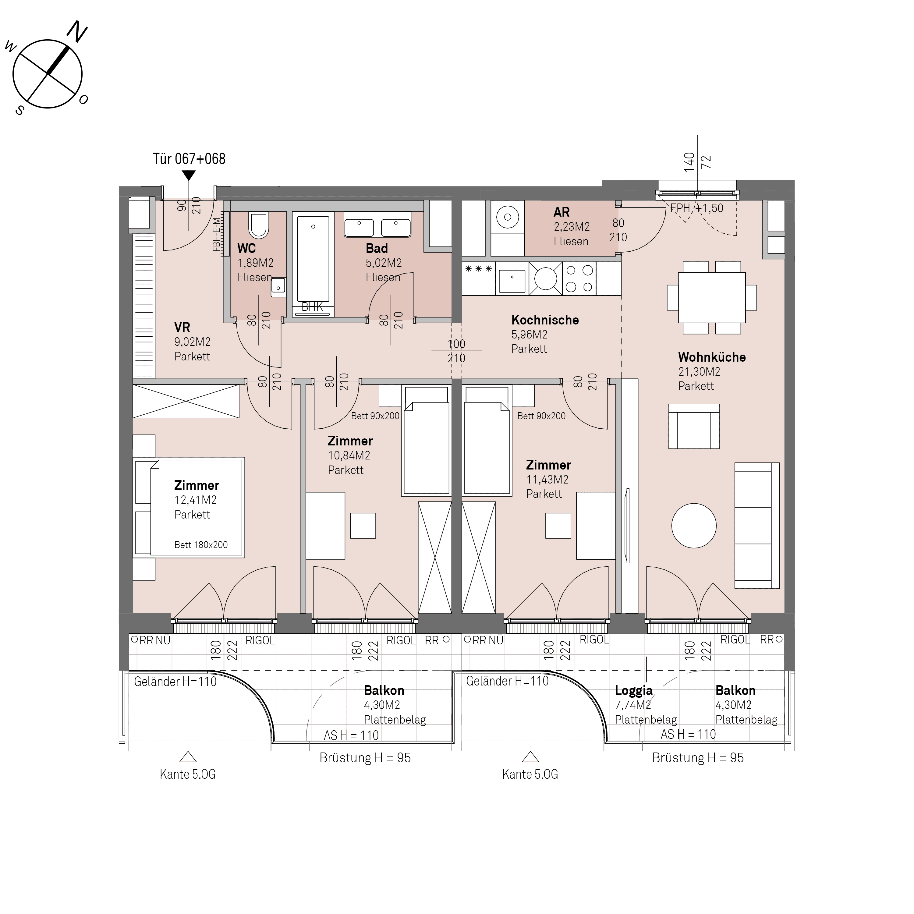 Grundriss Top 2/067+068 — Traisengasse 20–22 — 4 Zimmer — 80,1 m² — 4th floor — O/S