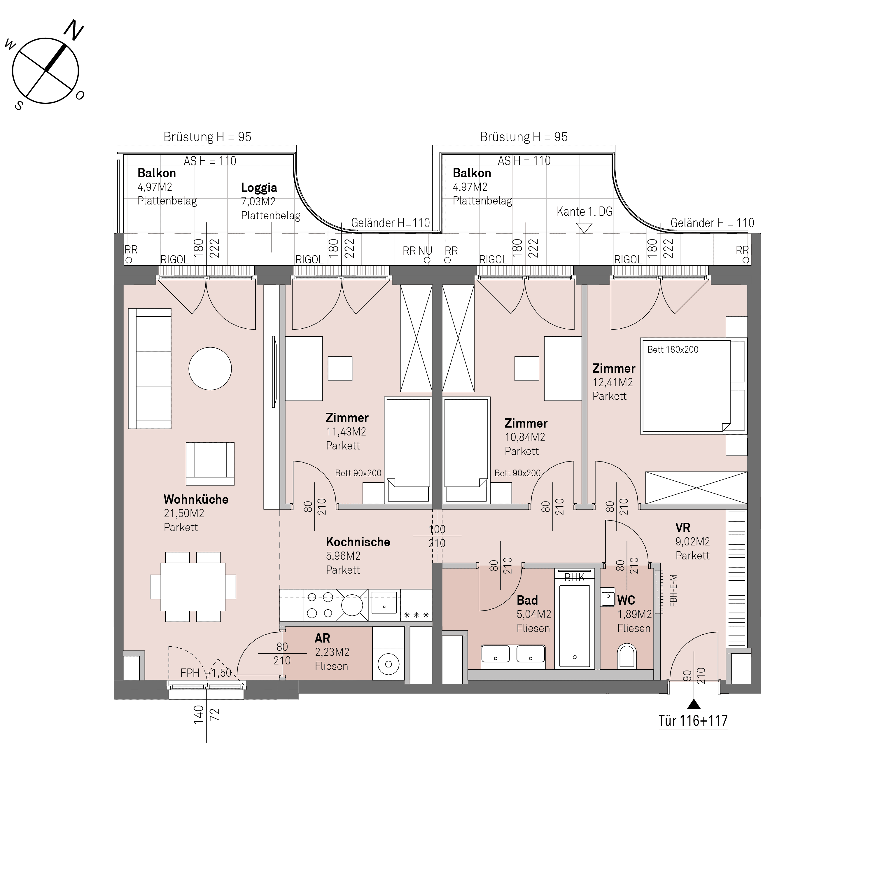 Grundriss Top 1/116+117 — Traisengasse 20–22 — 4 Zimmer — 80,3 m² — 6th floor — N/W