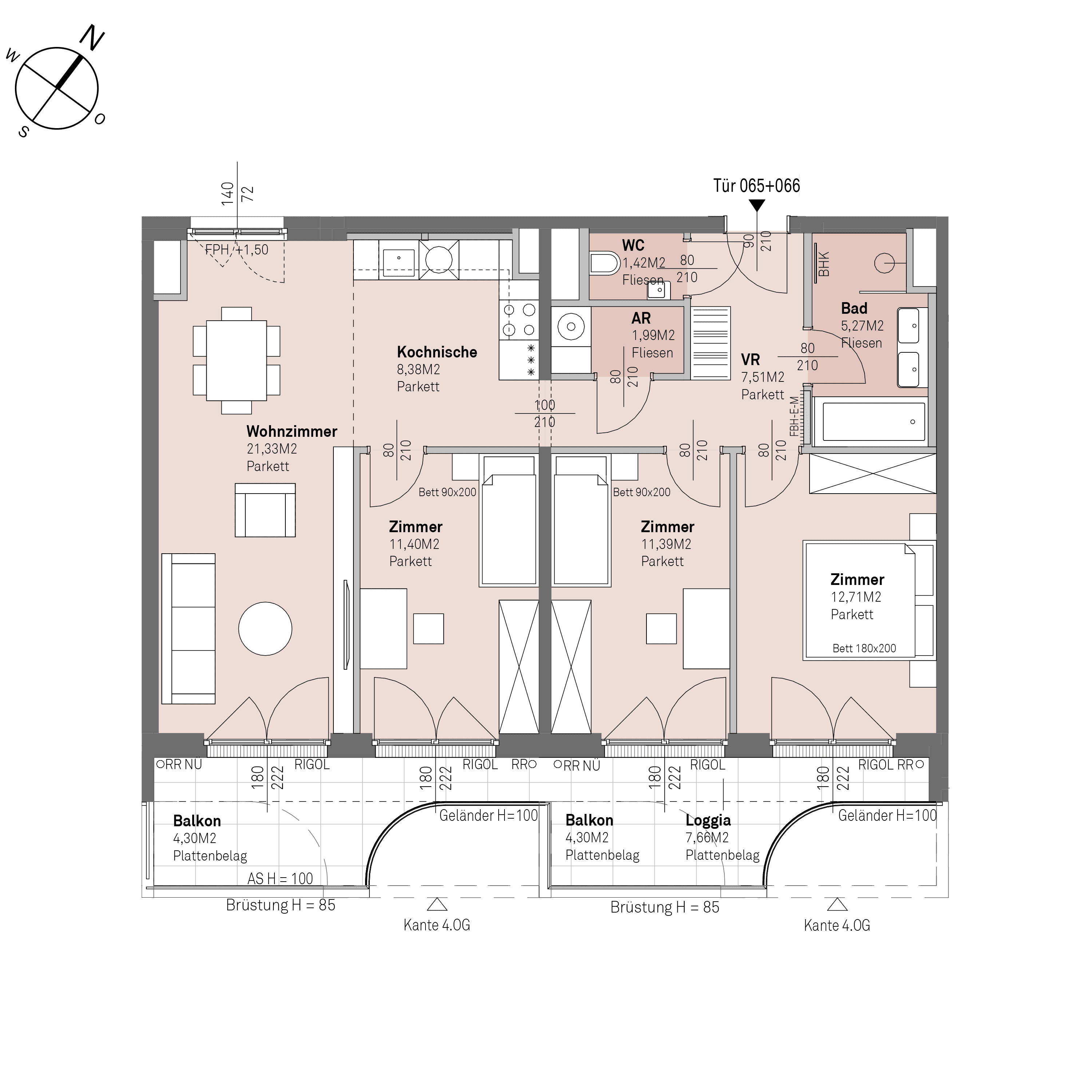 Grundriss Top 1/065+066 — Traisengasse 20–22 — 4 Zimmer — 81,4 m² — 3rd floor — O/S