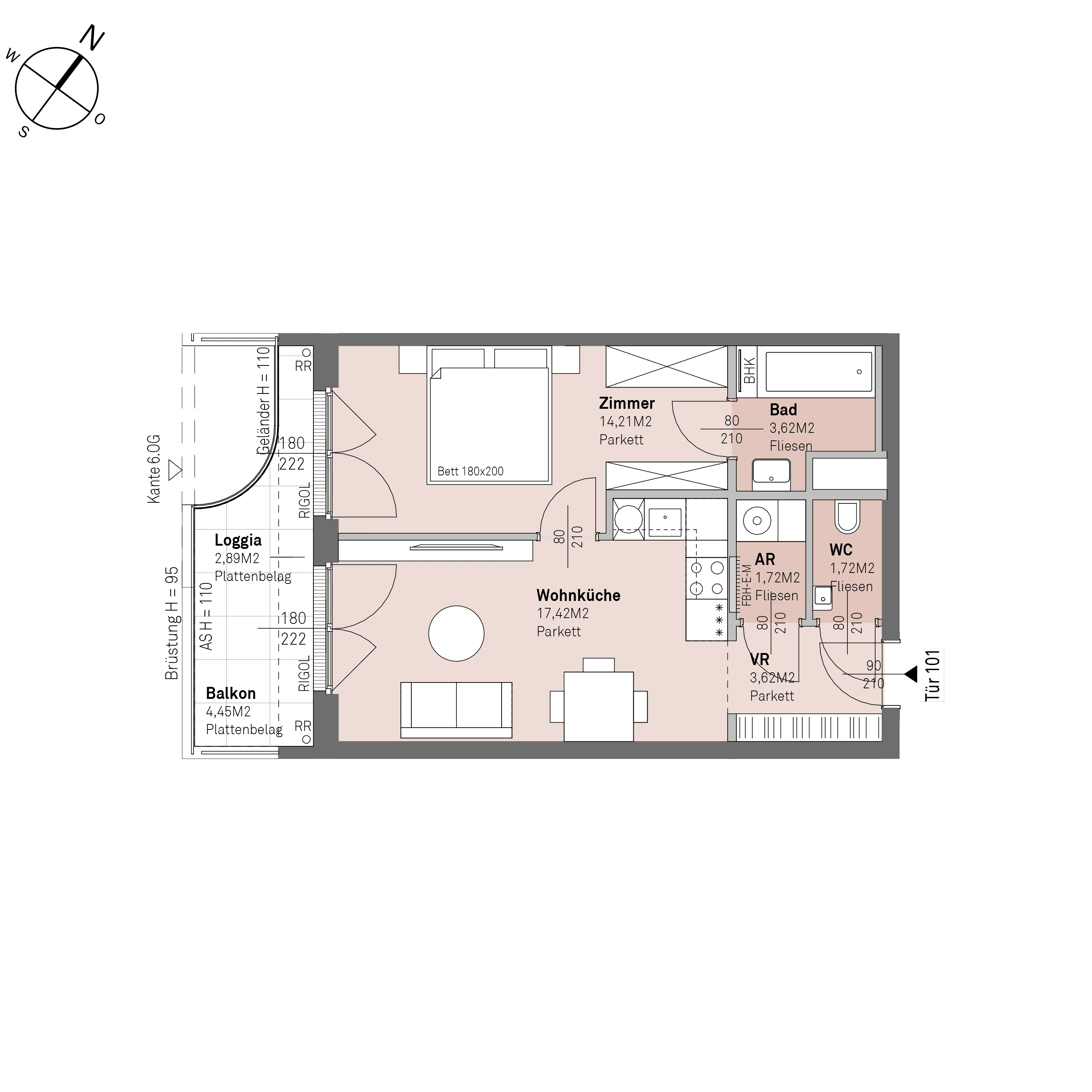 Grundriss Top 2/101 — Traisengasse 20–22 — 2 Zimmer — 42,3 m² — 5th floor — S/W