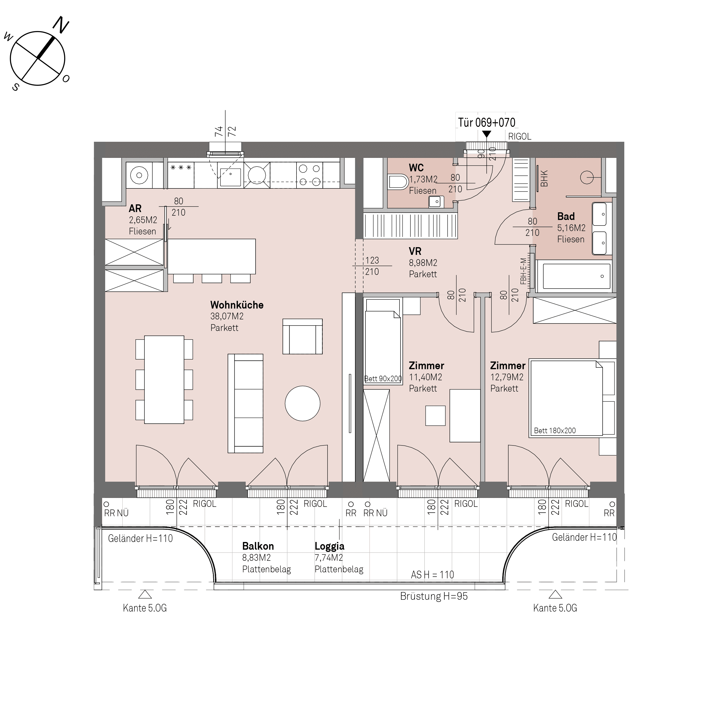 Grundriss Top 2/069+070 — Traisengasse 20–22 — 4 Zimmer — 80,8 m² — 4th floor — O/S