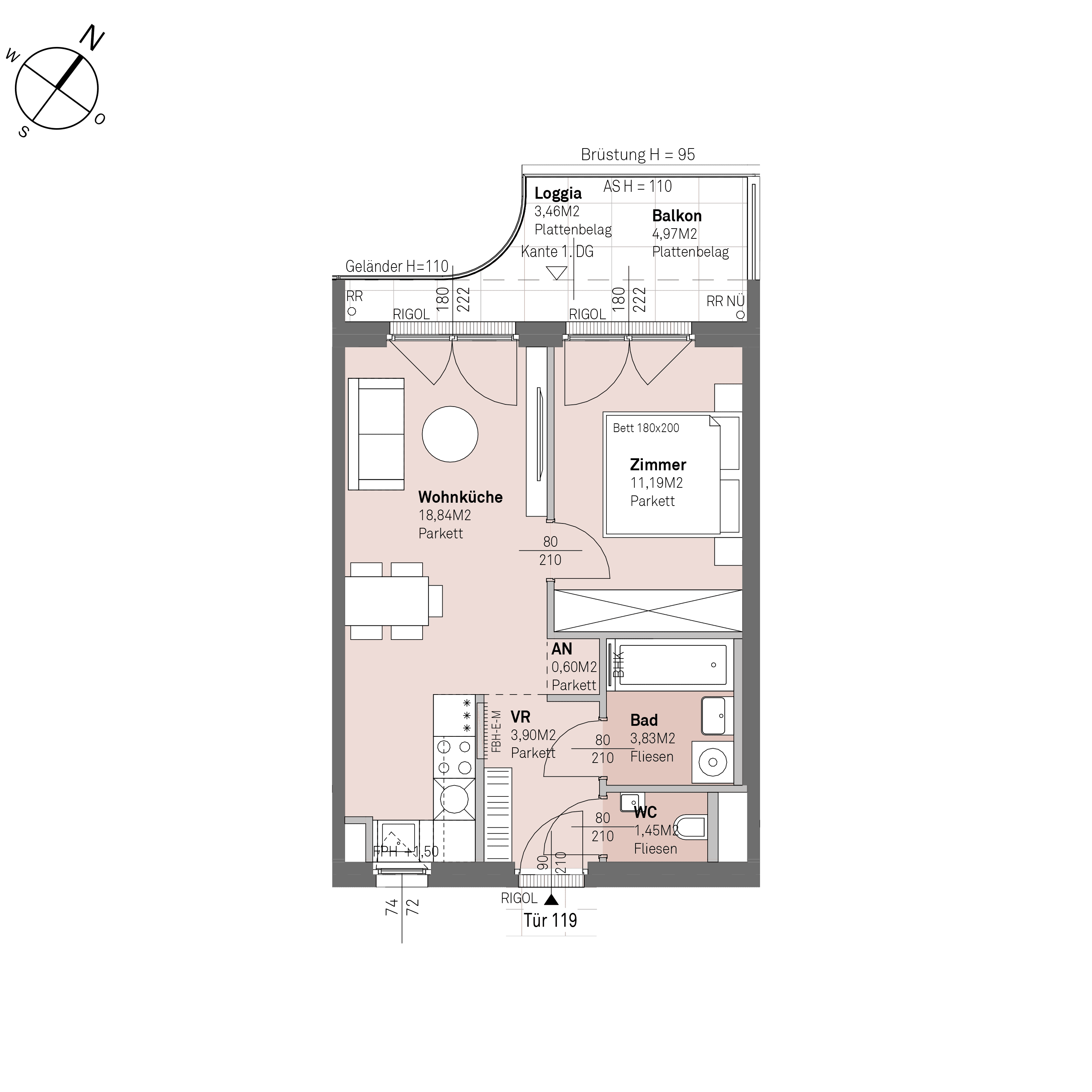 Grundriss Top 1/119 — Traisengasse 20–22 — 2 Zimmer — 39,8 m² — 6th floor — N/W