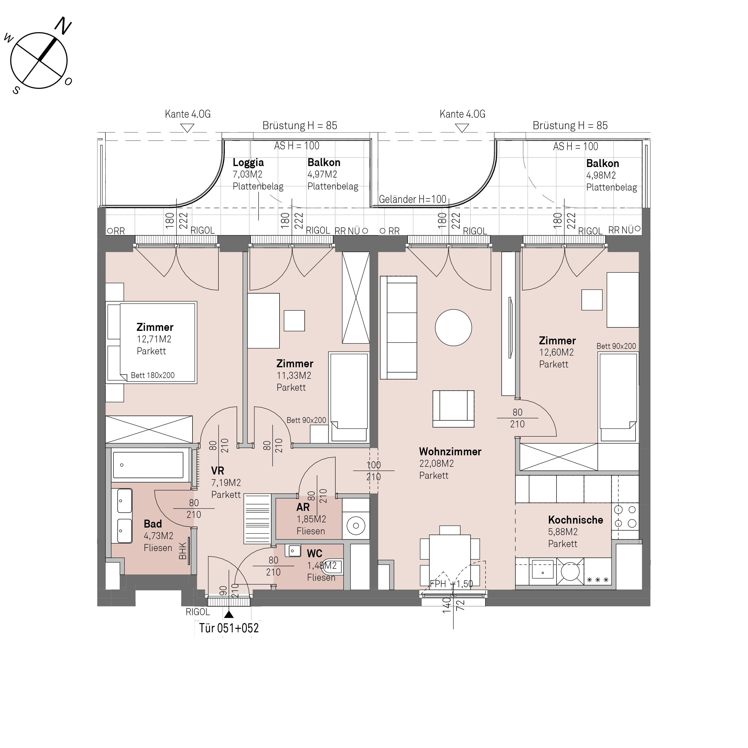 Grundriss Top 1/051+052 — Traisengasse 20–22 — 4 Zimmer — 79,8 m² — 3rd floor — N/W