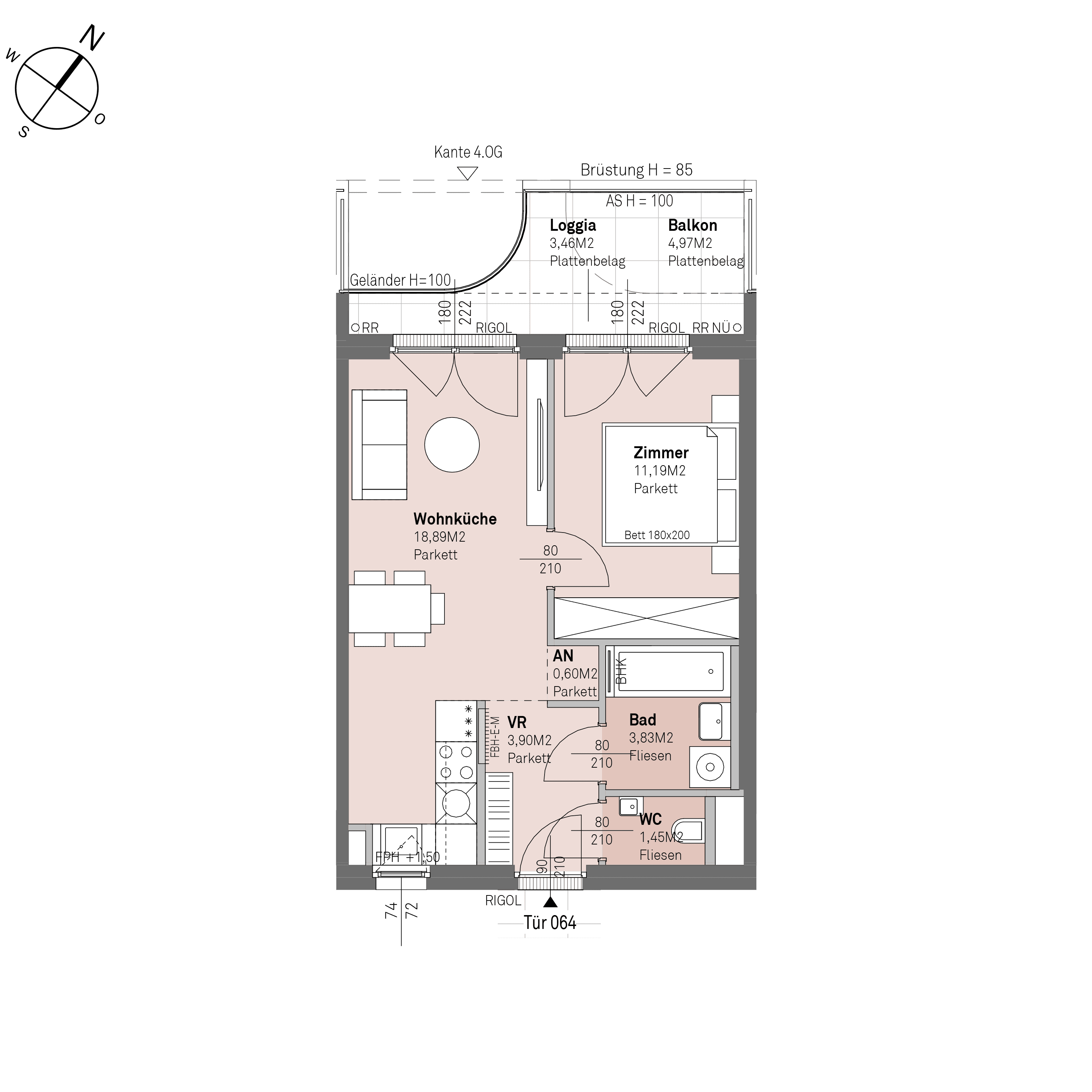 Grundriss Top 2/64 — Traisengasse 20–22 — 2 Zimmer — 39,9 m² — 3rd floor — N/W