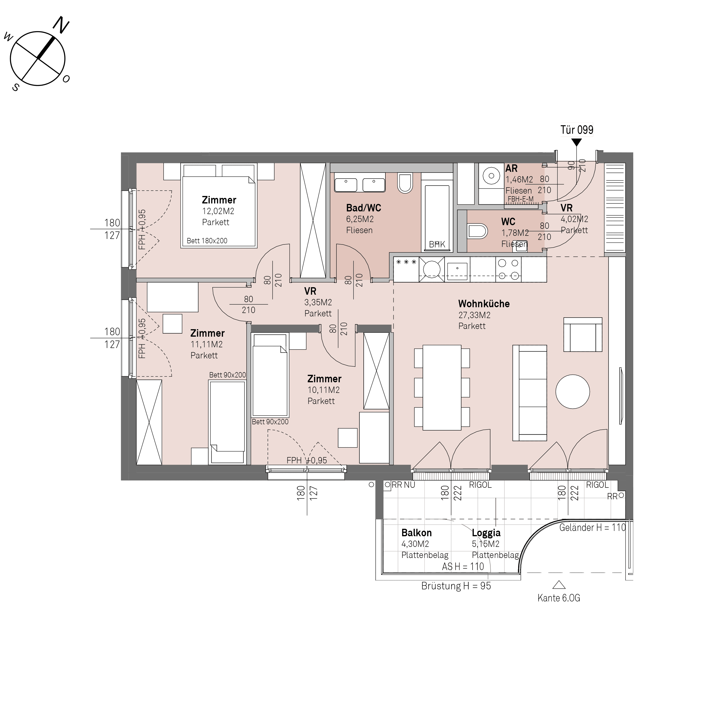 Grundriss Top 2/99 — Traisengasse 20–22 — 4 Zimmer — 77,4 m² — 5th floor