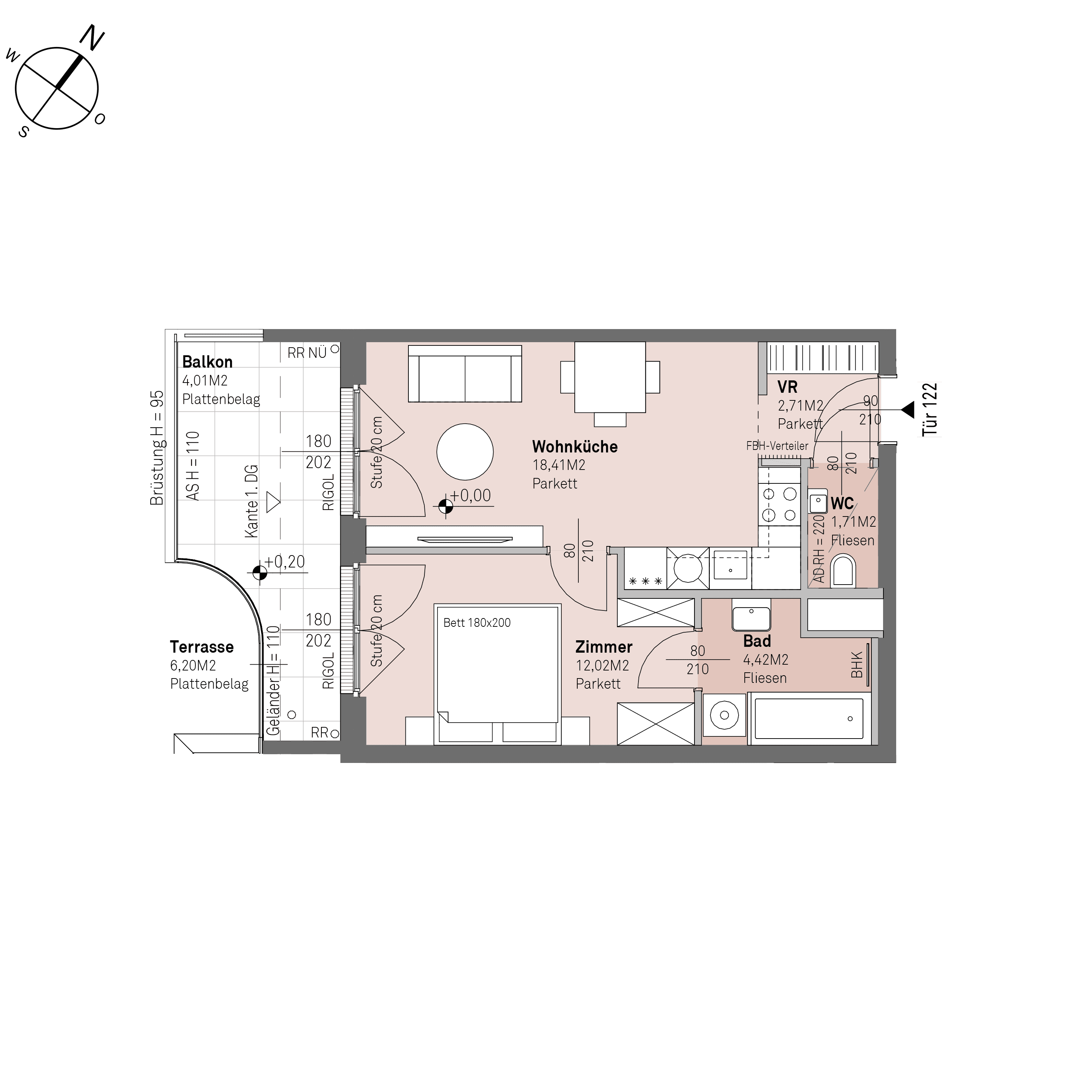 Grundriss Top 2/122 — Traisengasse 20–22 — 2 Zimmer — 39,3 m² — 6th floor — S/W