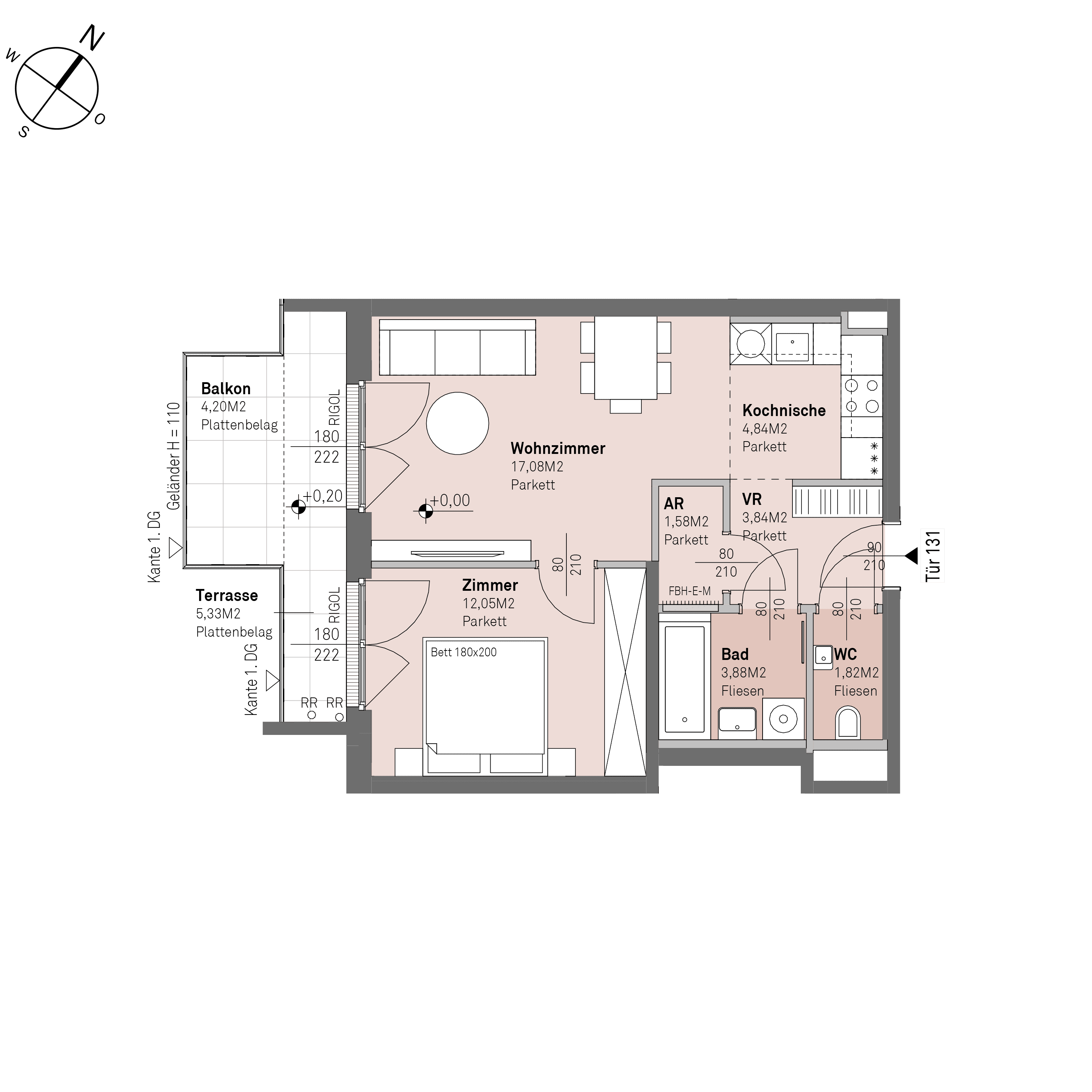 Grundriss Top 1/131 — Traisengasse 20–22 — 2 Zimmer — 45,1 m² — 6th floor — S/W