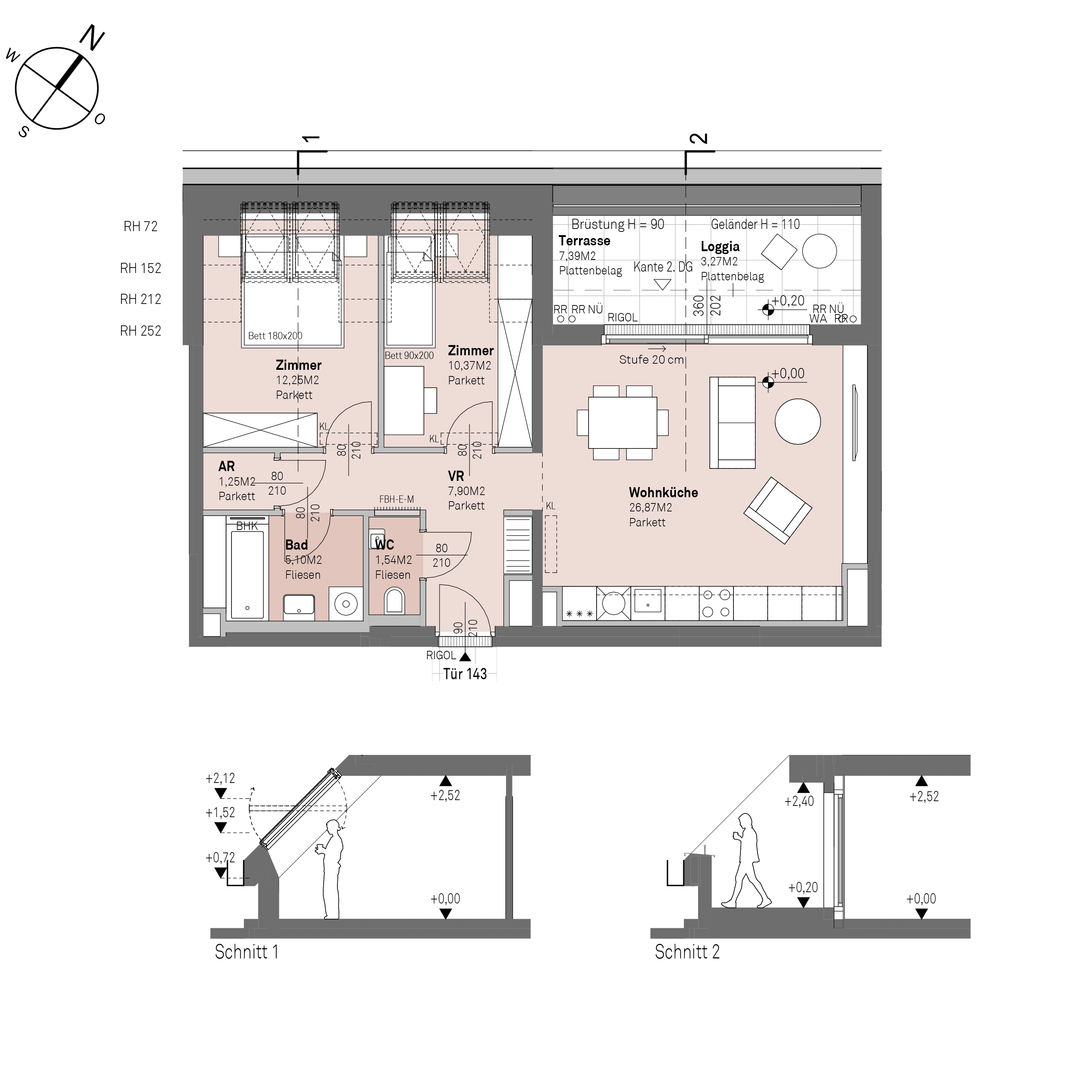 Grundriss Top 2/143 — Traisengasse 20–22 — 3 Zimmer — 65,3 m² — 1st attic floor — N/W
