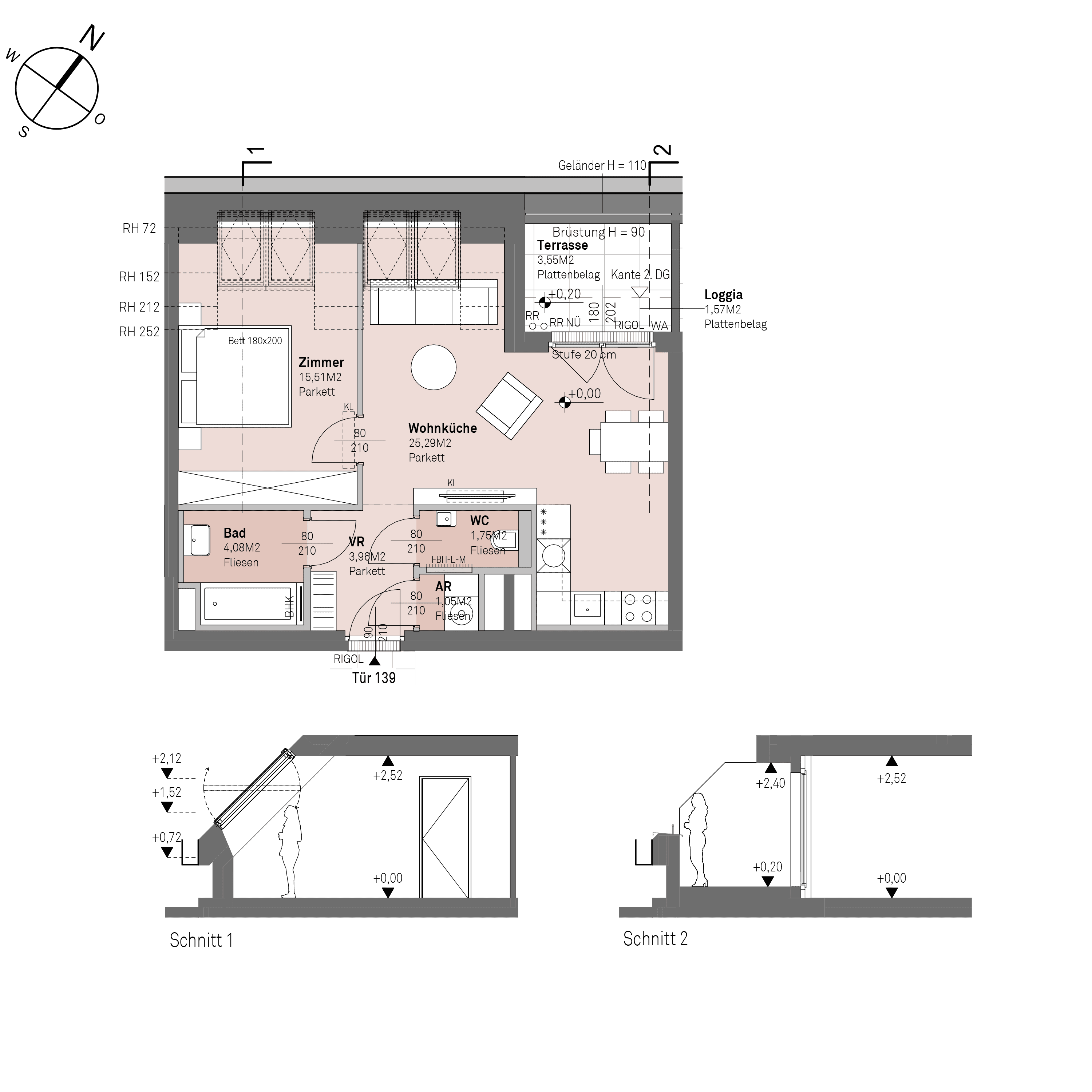 Grundriss Top 1/139 — Traisengasse 20–22 — 2 Zimmer — 51,6 m² — 1st attic floor — N/W