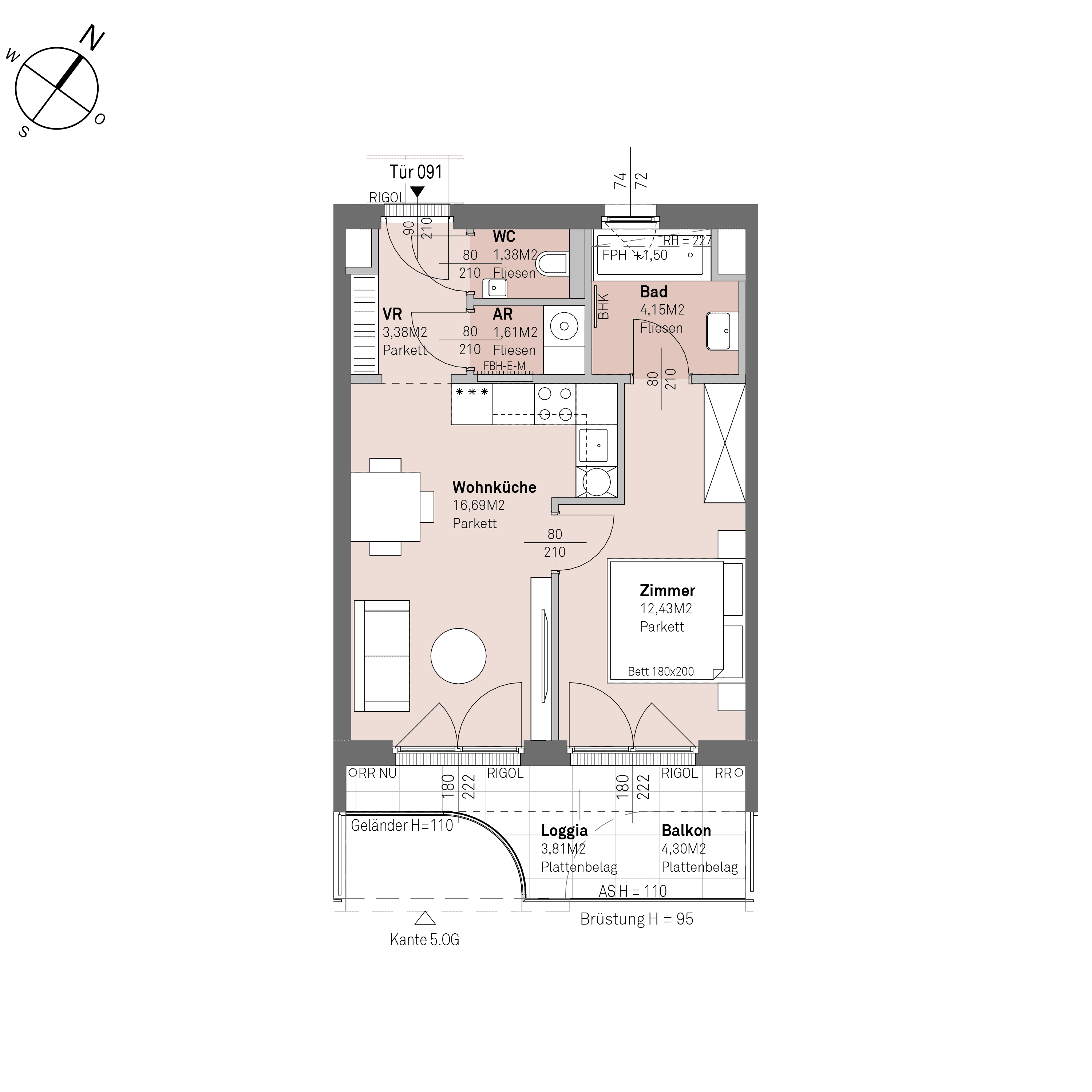 Grundriss Top 1/91 — Traisengasse 20–22 — 2 Zimmer — 39,6 m² — 4th floor — O/S